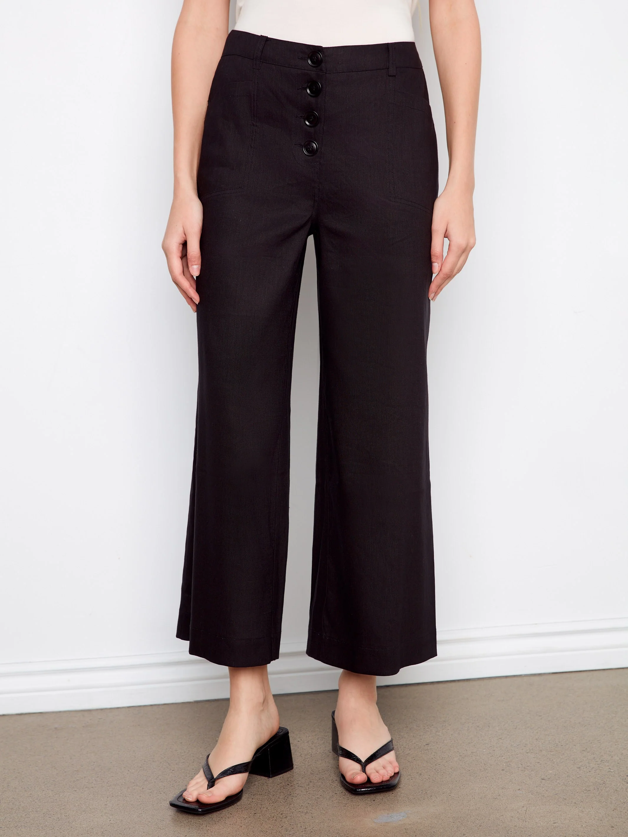 Stretch Linen Wide Leg Button-Front Pants - Black - Image 2