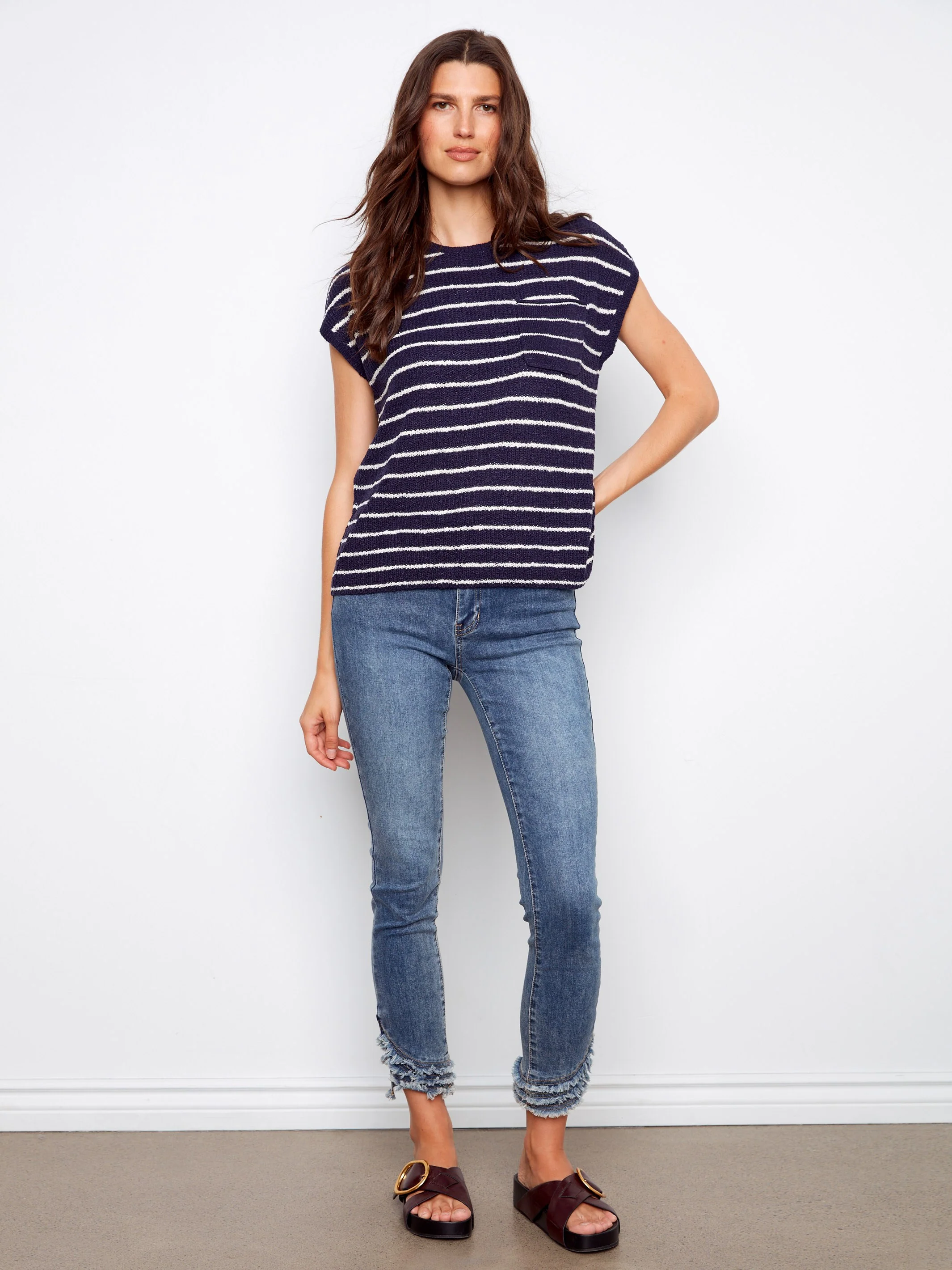 Striped Cap Sleeve Knit Top - Navy - Image 2