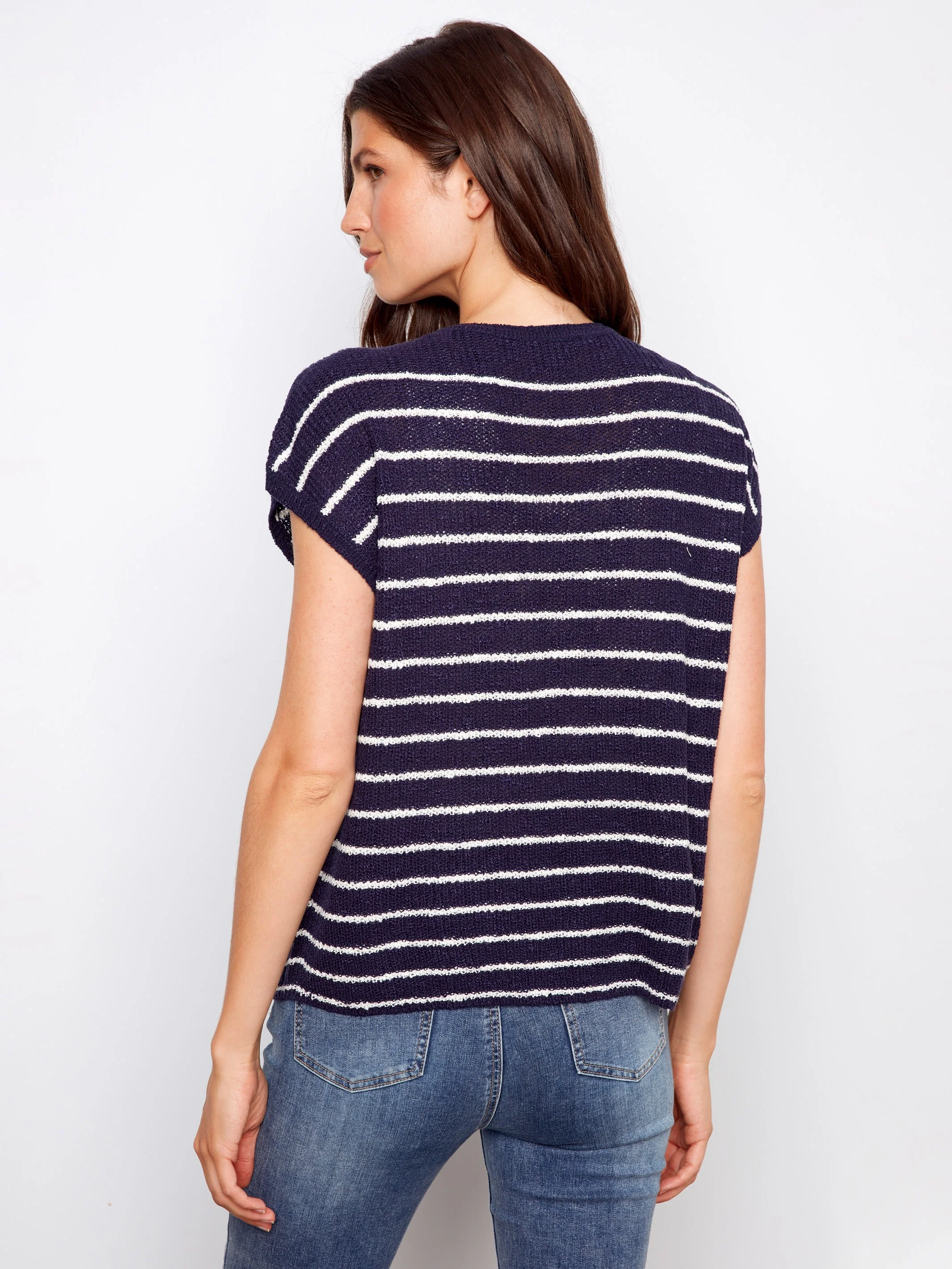 Striped Cap Sleeve Knit Top - Navy - Image 3