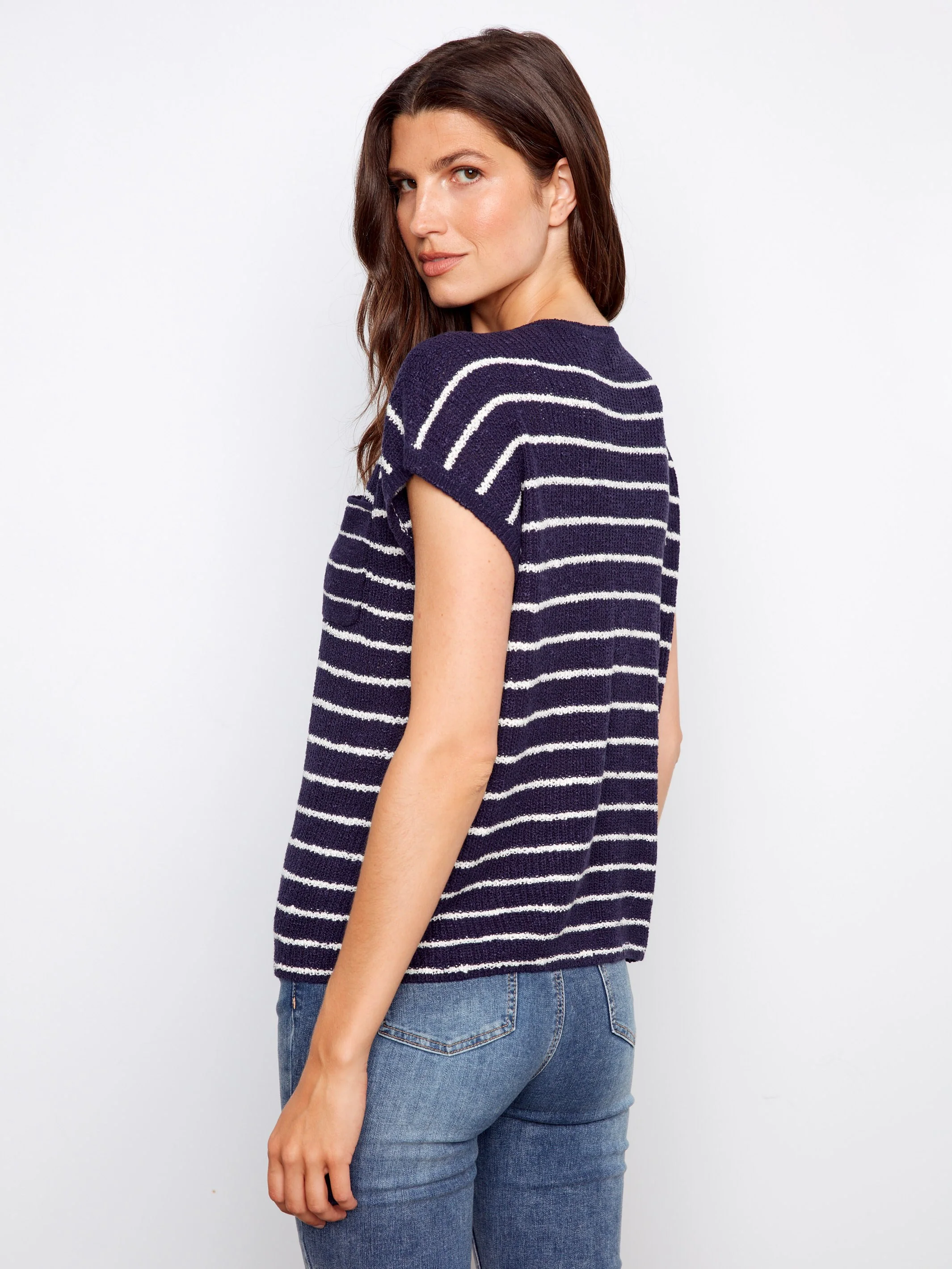 Striped Cap Sleeve Knit Top - Navy - Image 4
