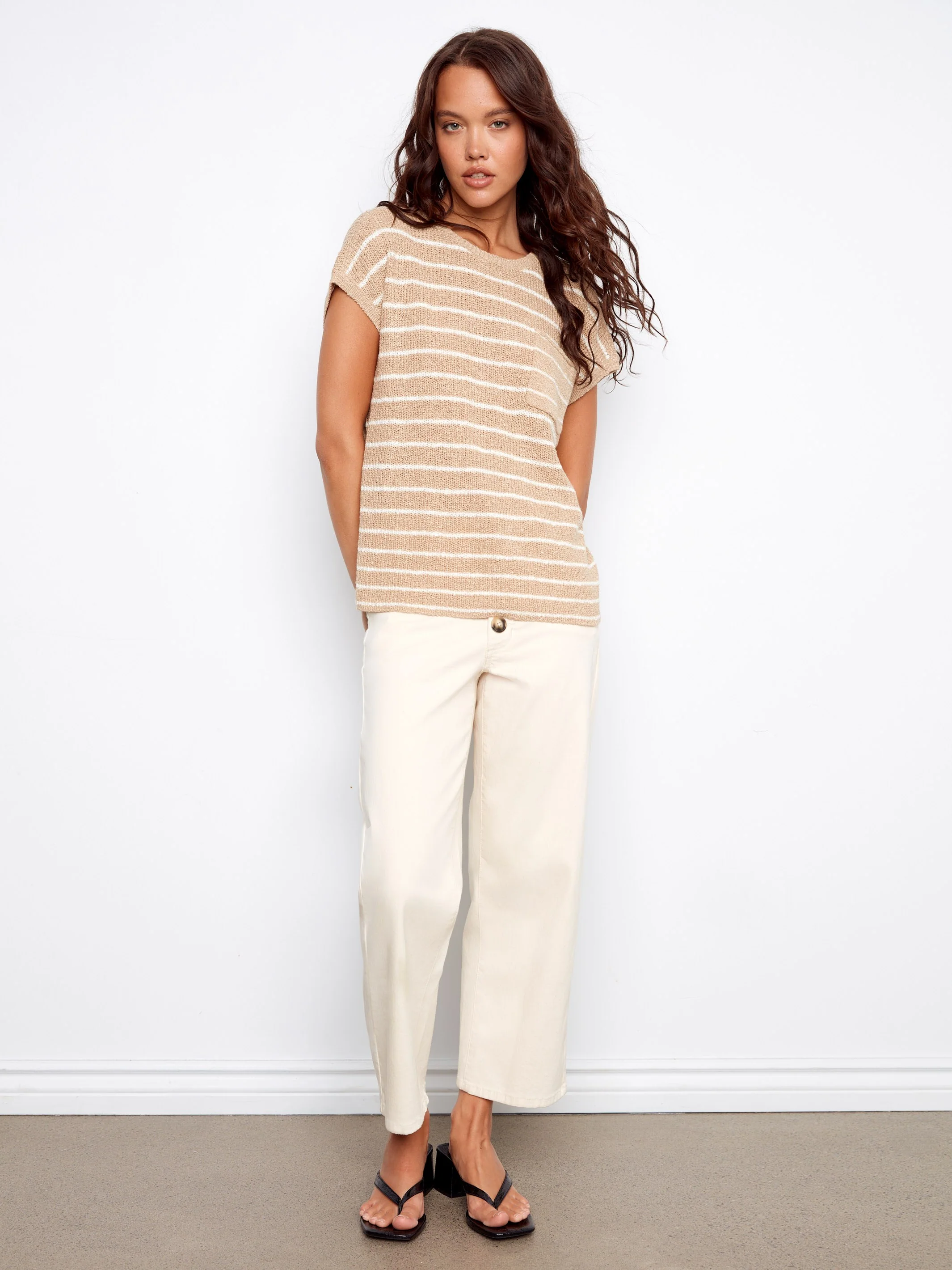 Striped Cap Sleeve Knit Top - Sand - Image 4