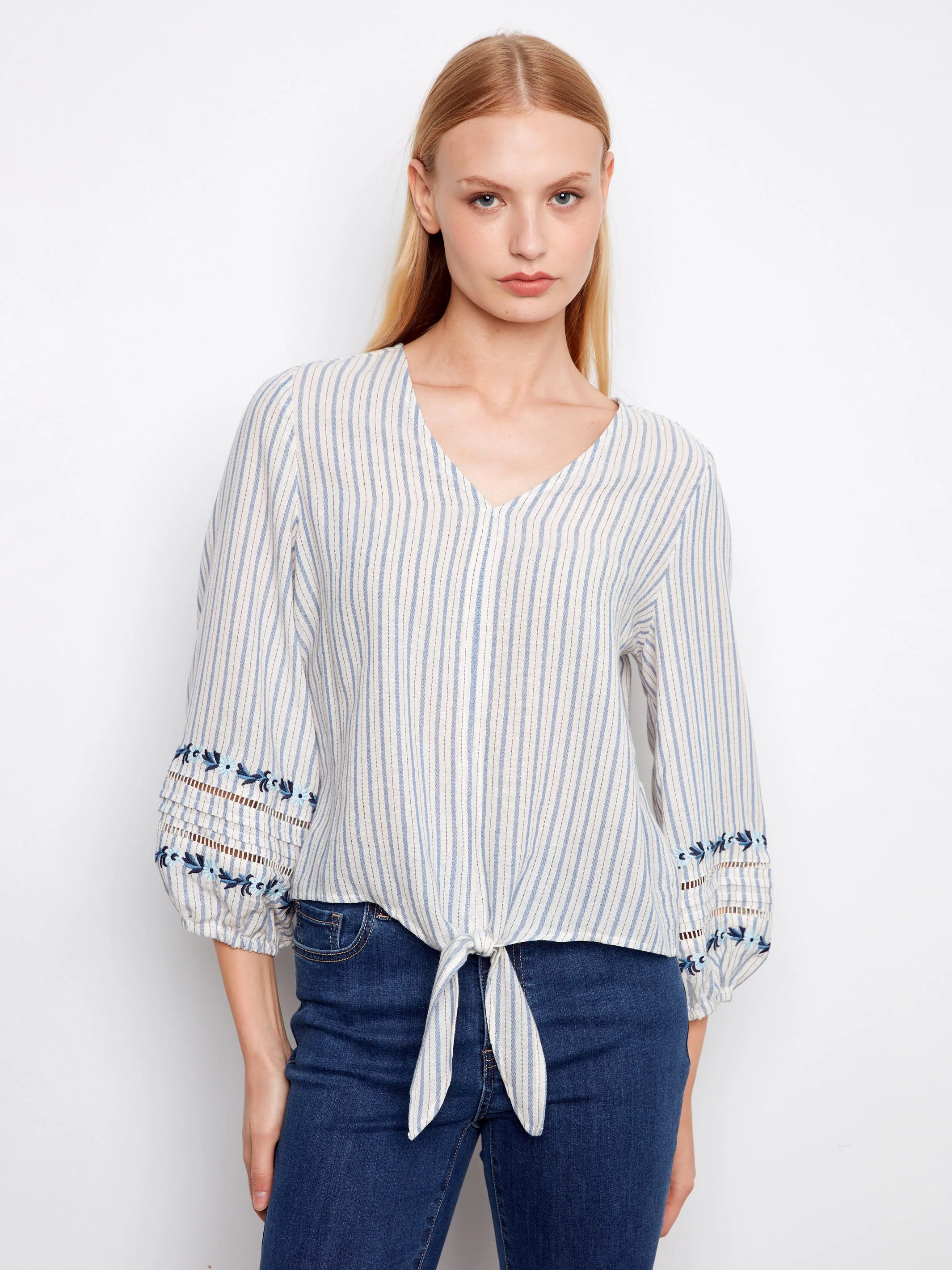 Striped Cotton Blouse With Embroidered Sleeves - Lapis