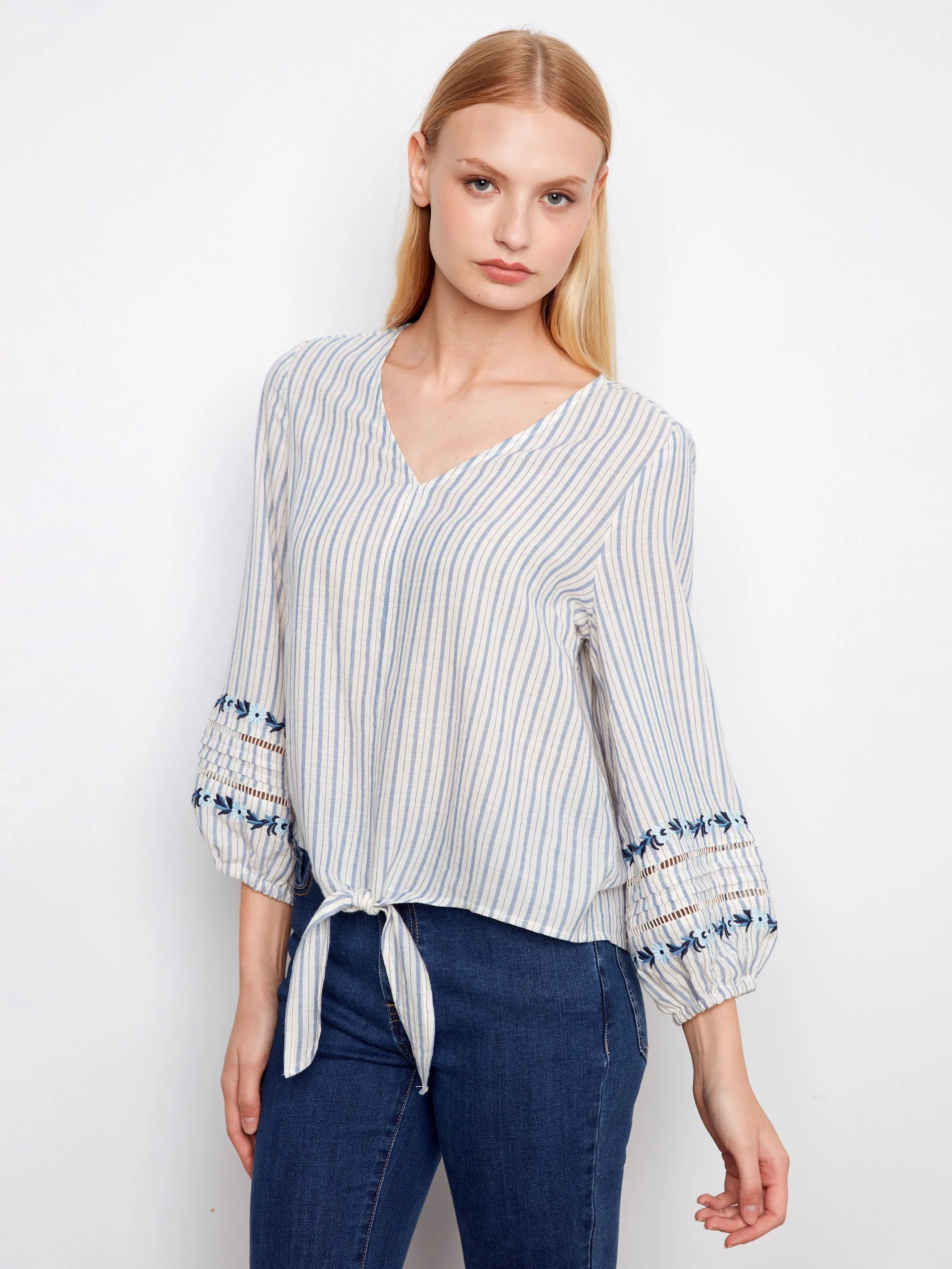 Striped Cotton Blouse With Embroidered Sleeves - Lapis - Image 3