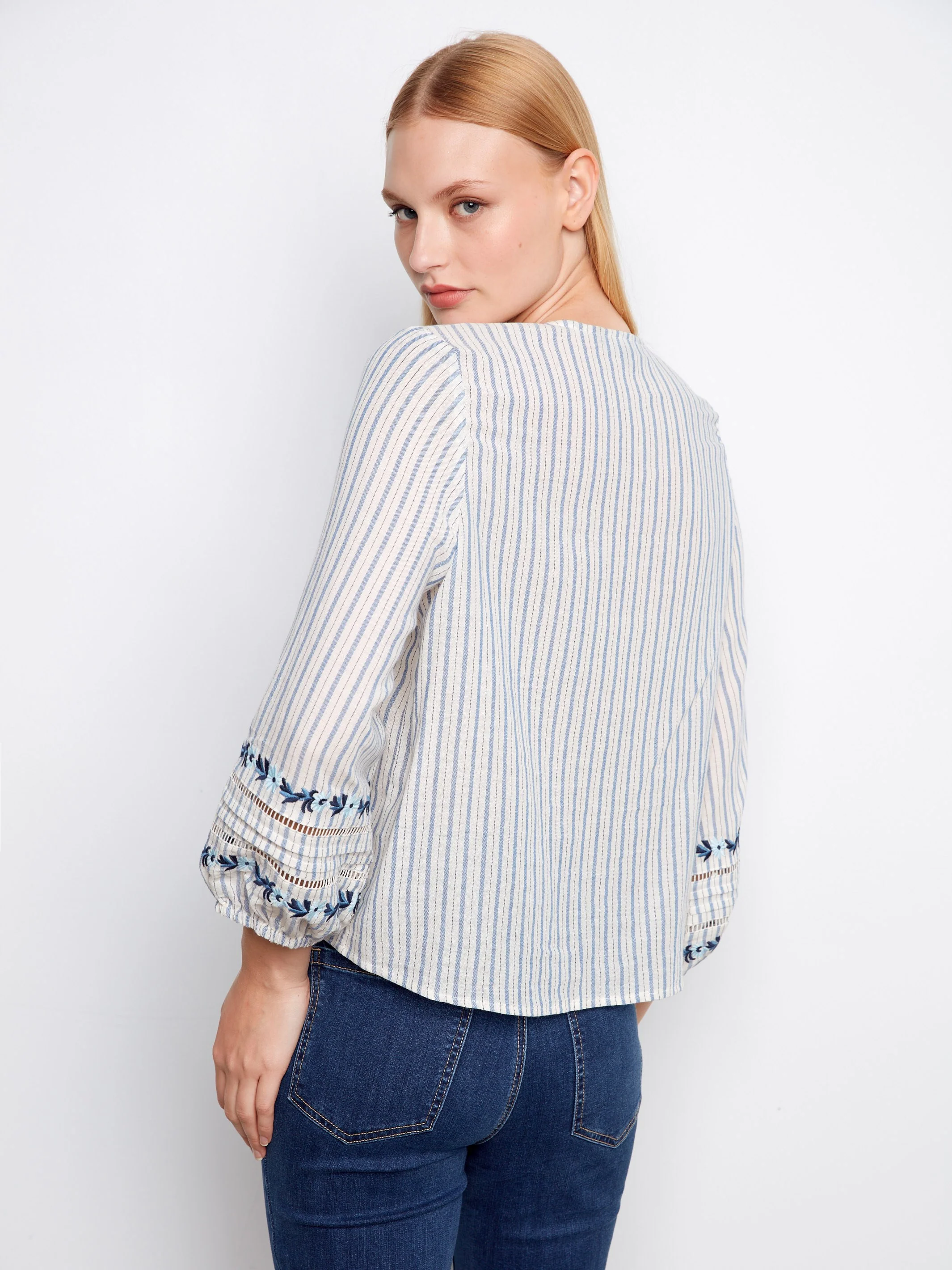 Striped Cotton Blouse With Embroidered Sleeves - Lapis - Image 4