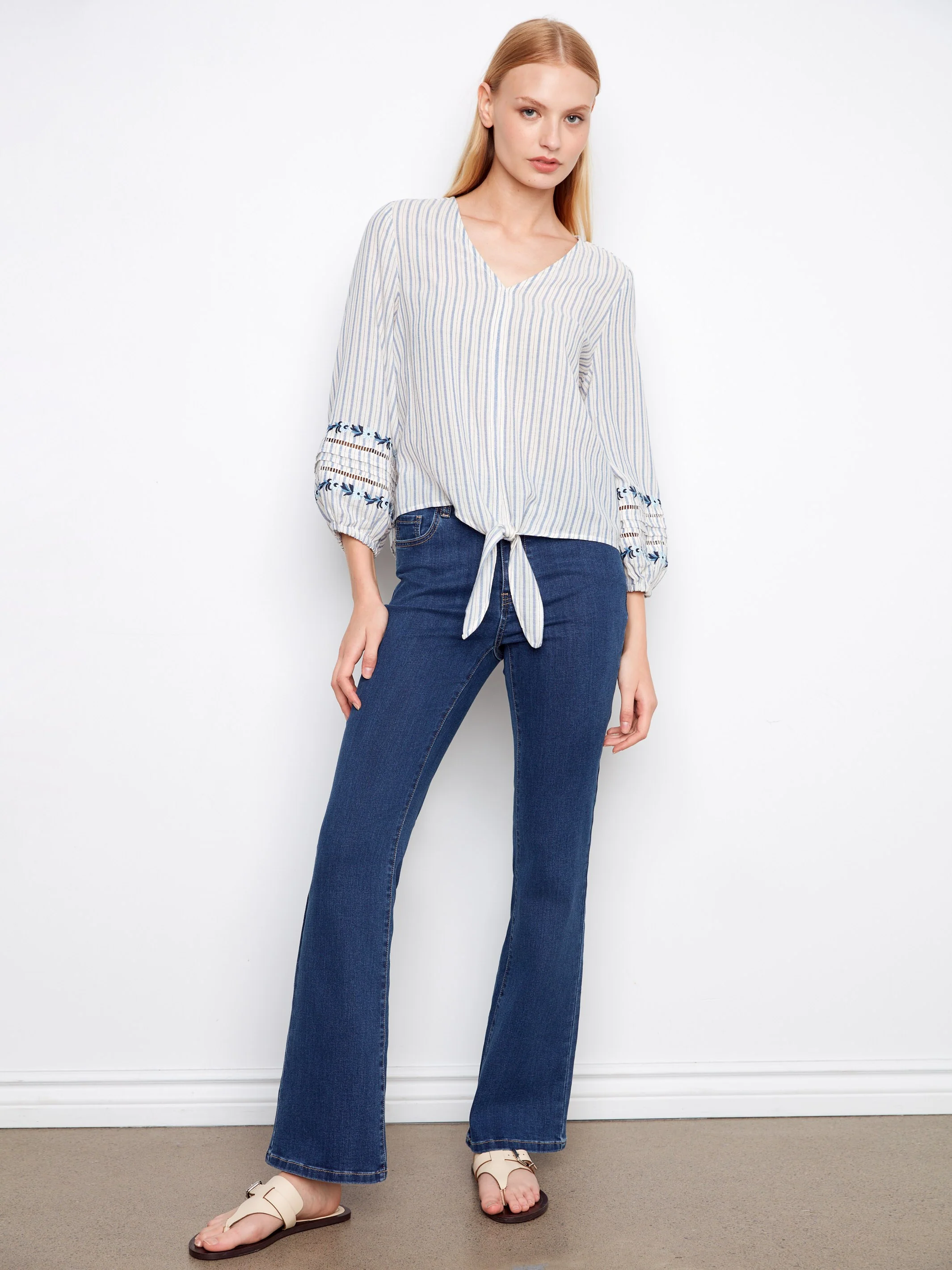 Striped Cotton Blouse With Embroidered Sleeves - Lapis - Image 5