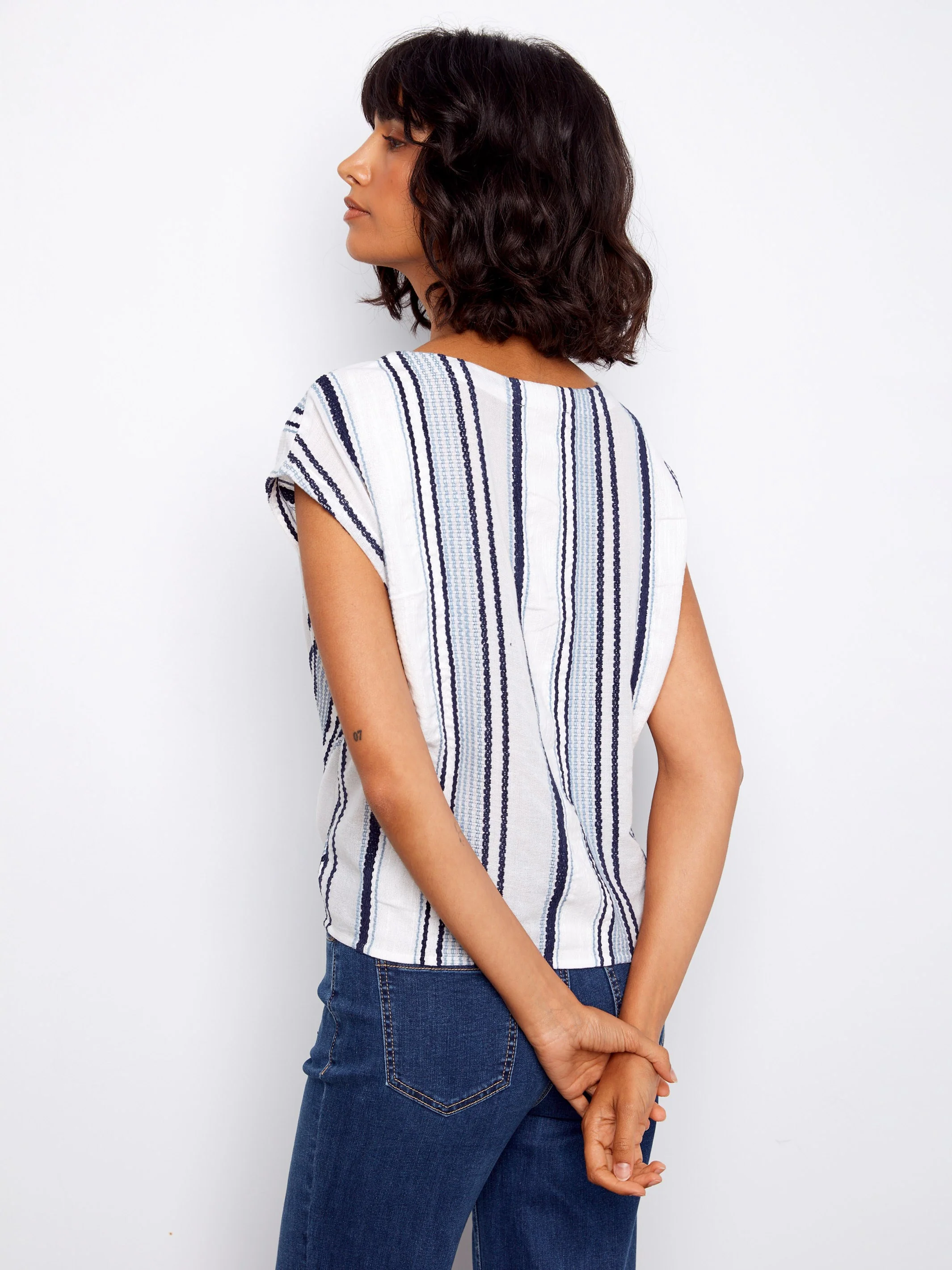 Striped Cotton Tie-Front Blouse - Cloud - Image 5