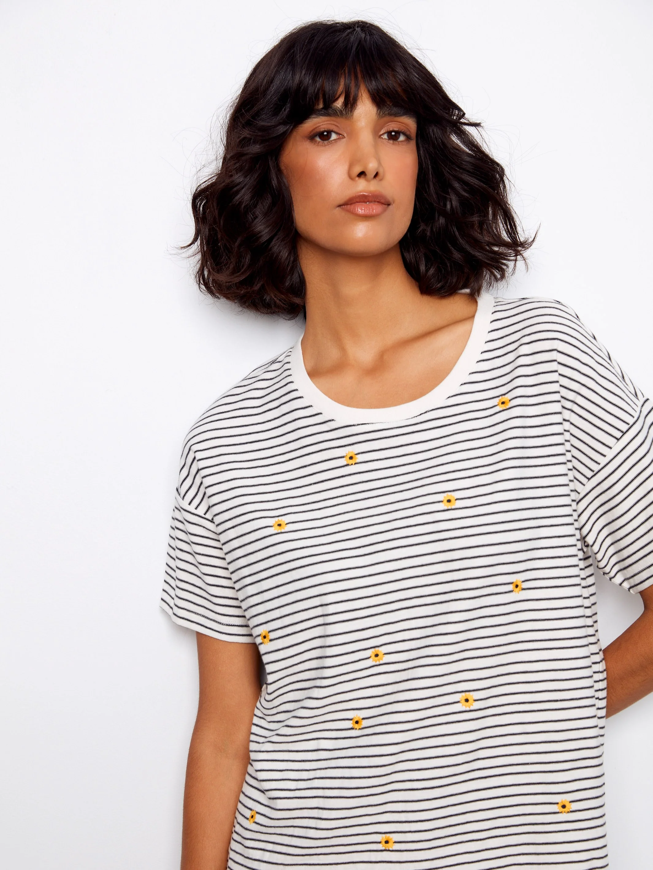Striped Crew Neck T-Shirt With Floral Embroidery - Navy - Image 3