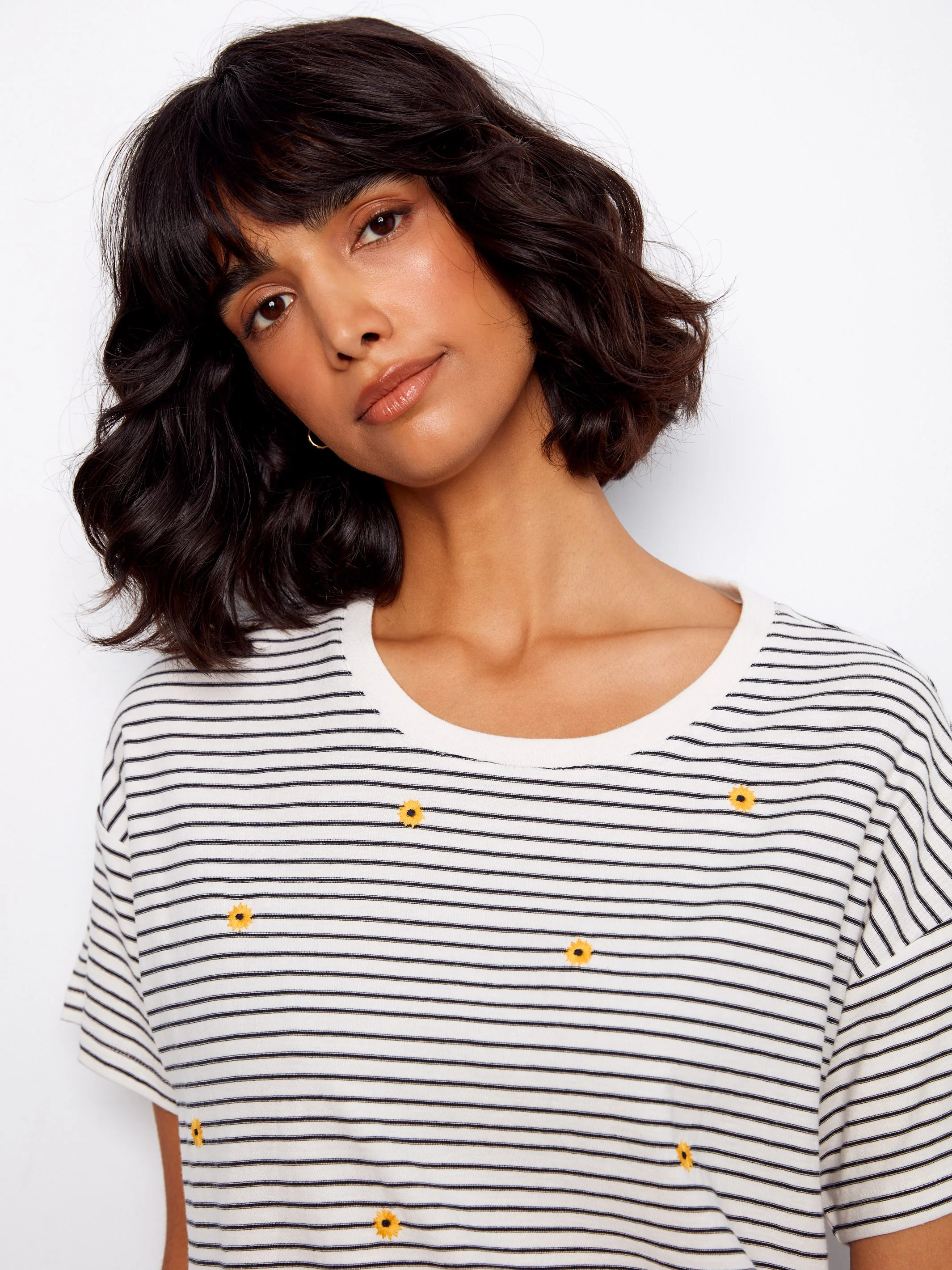 Striped Crew Neck T-Shirt With Floral Embroidery - Navy - Image 4