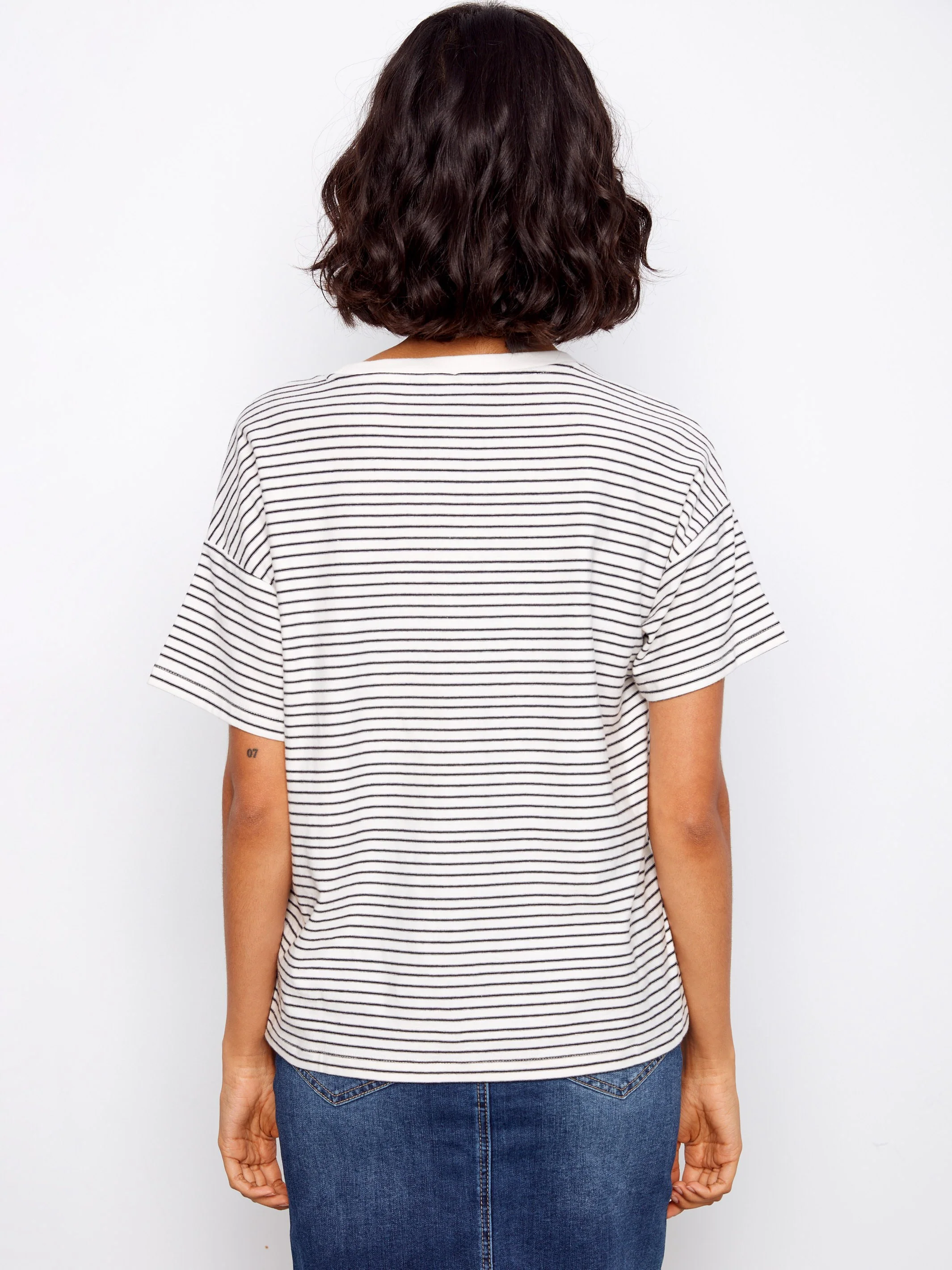 Striped Crew Neck T-Shirt With Floral Embroidery - Navy - Image 6
