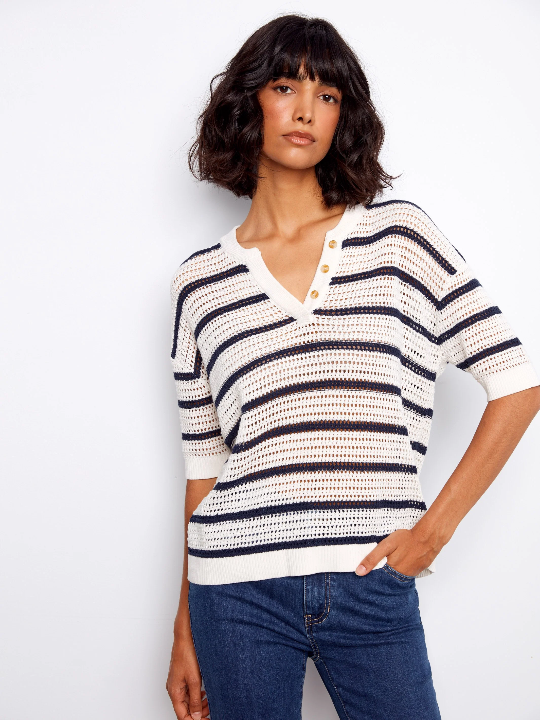 Striped Fishnet Crochet Cotton Top - Stripes - Image 3