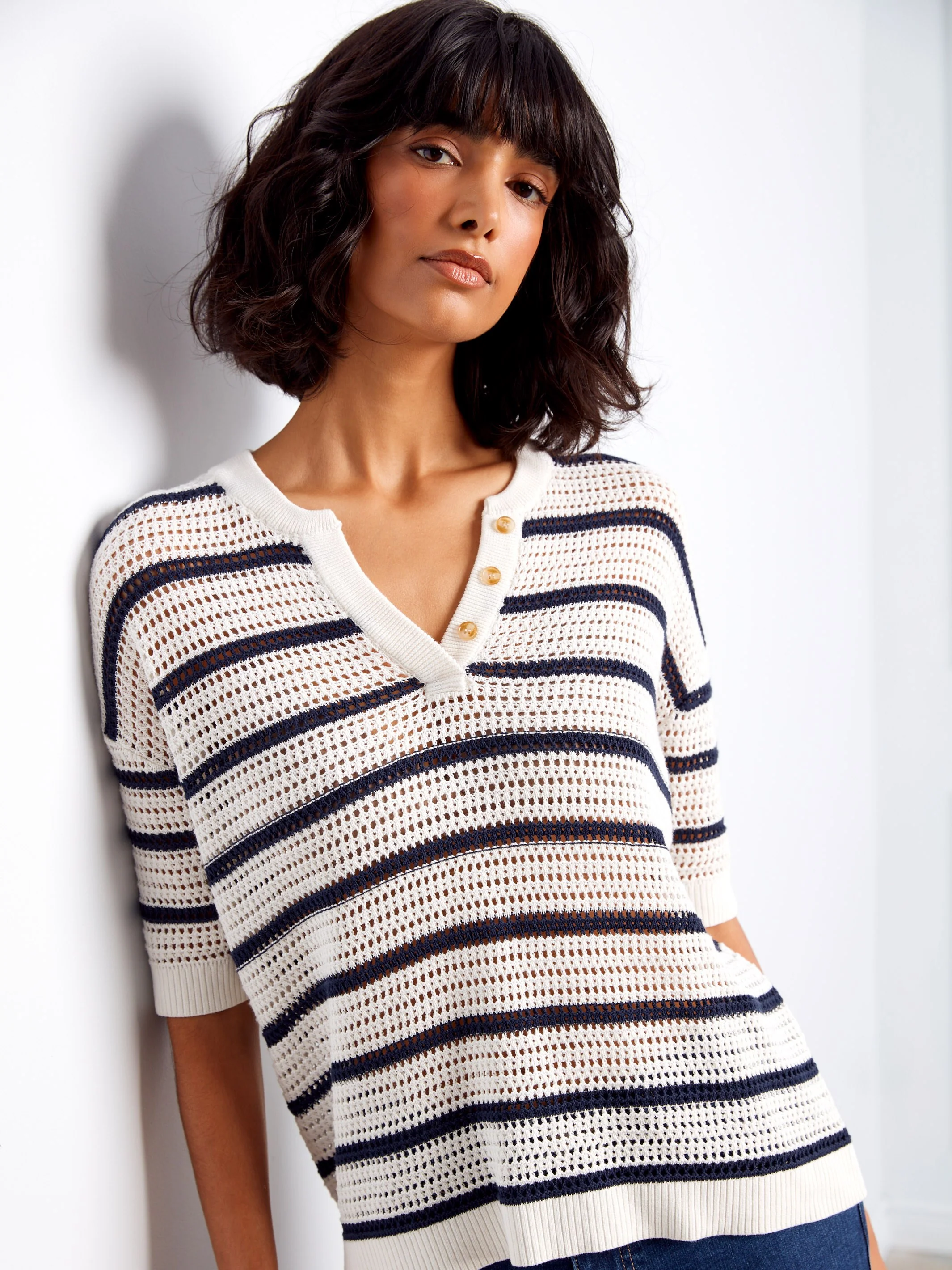 Striped Fishnet Crochet Cotton Top - Stripes - Image 4