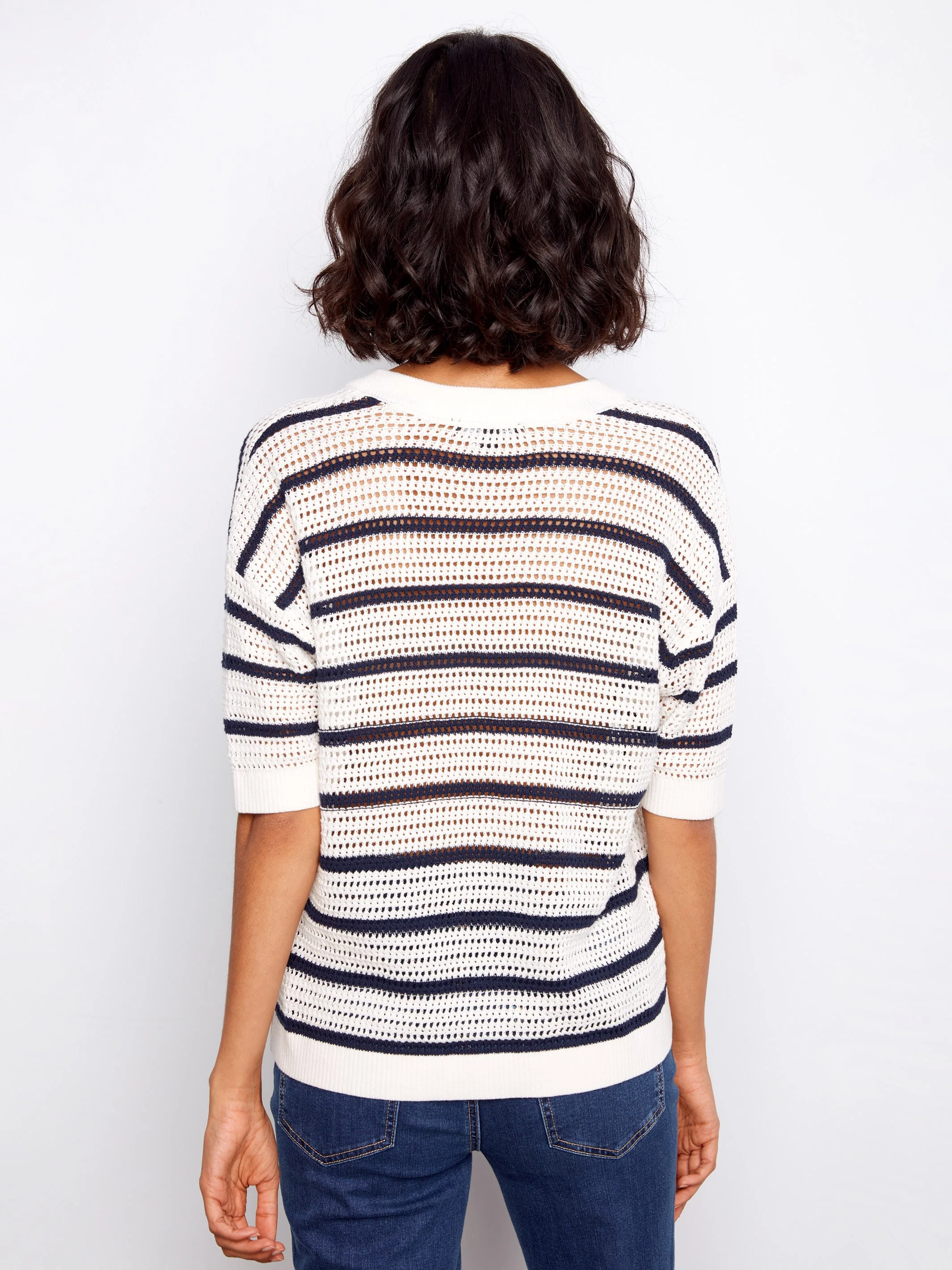 Striped Fishnet Crochet Cotton Top - Stripes - Image 5