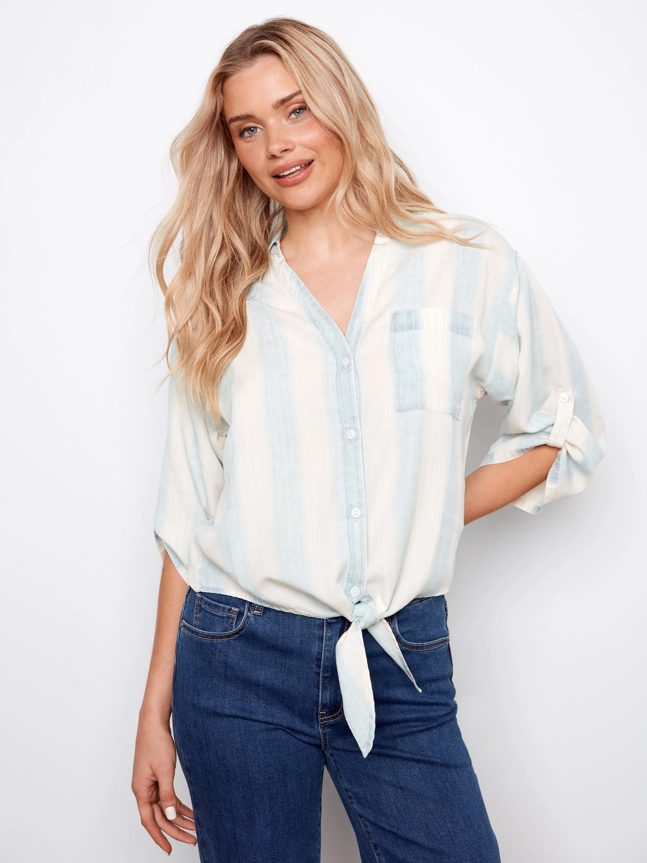 Striped Linen Blend Blouse With Front Tie - Haze - Image 4