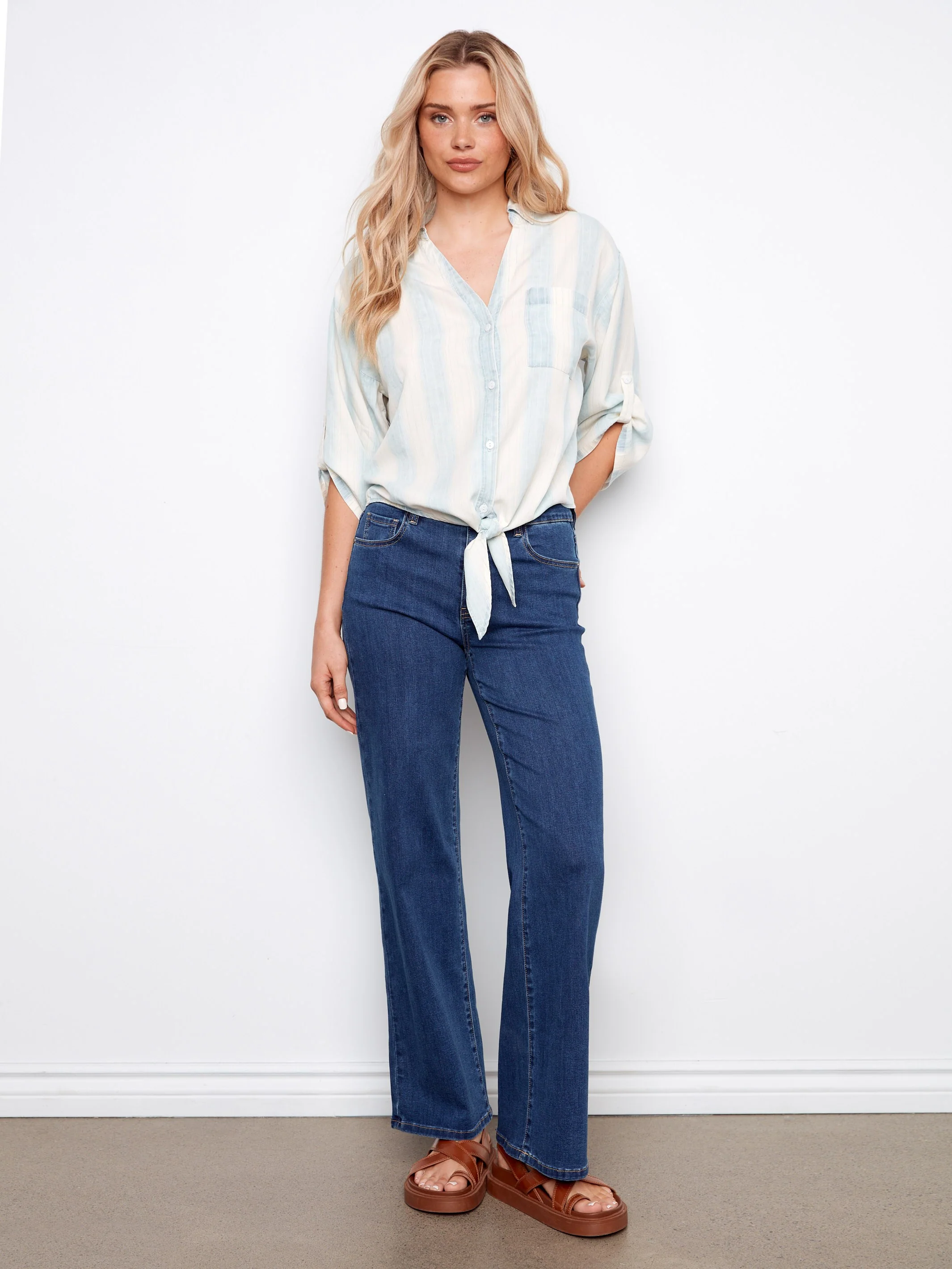 Striped Linen Blend Blouse With Front Tie - Haze - Image 6