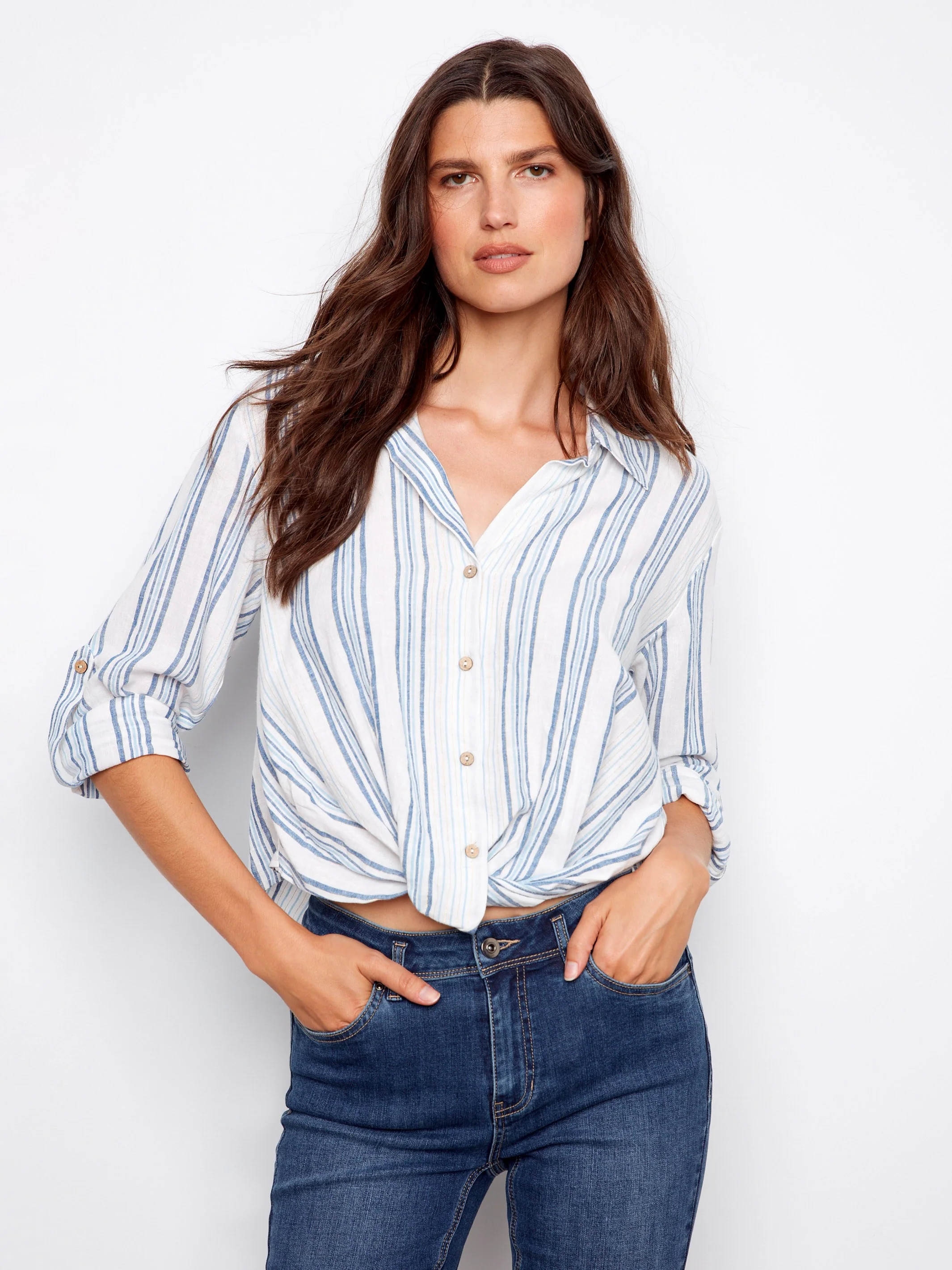 Striped Linen Blend Shirt With Front Twist - Denim