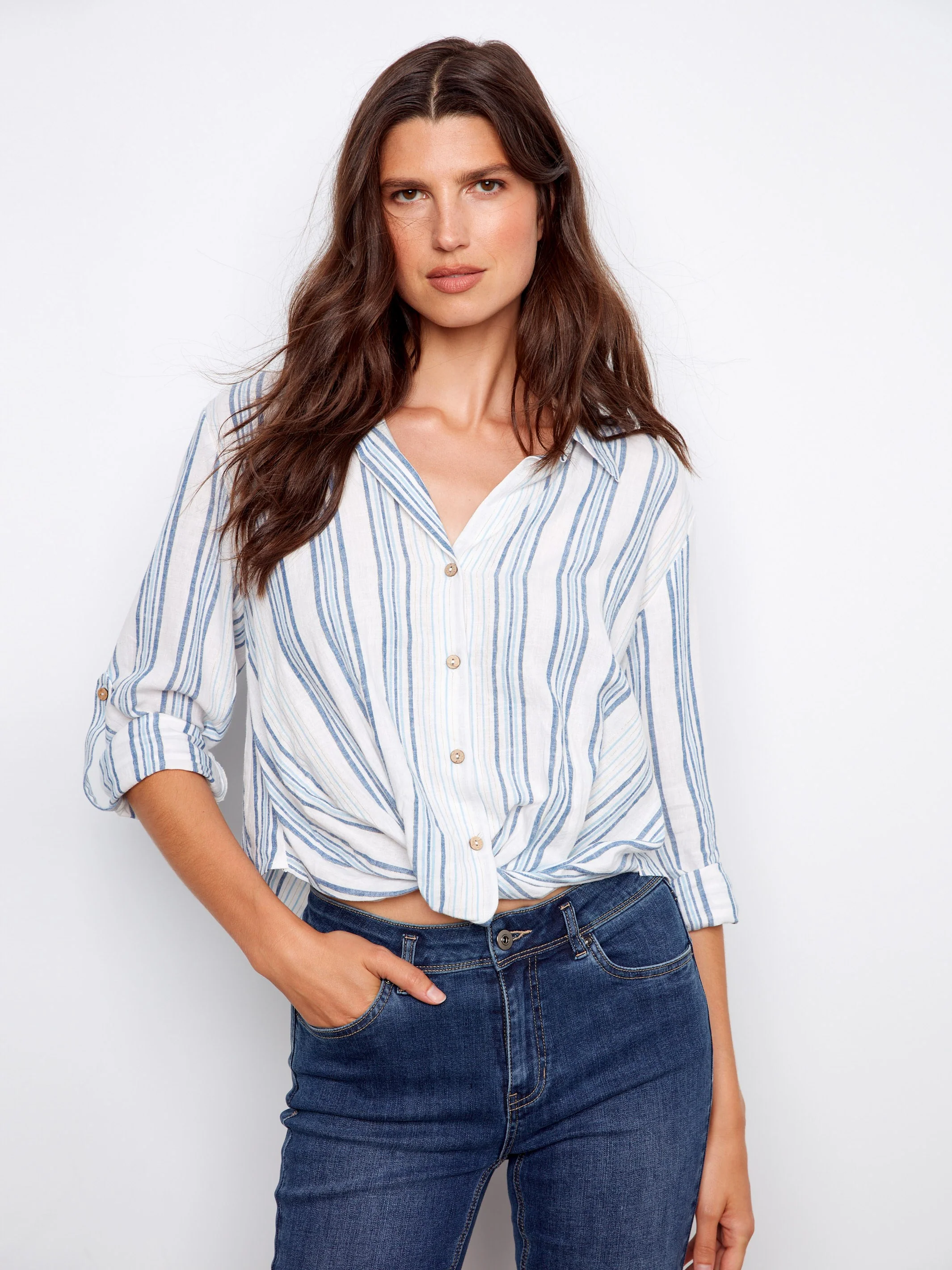 Striped Linen Blend Shirt With Front Twist - Denim - Image 3