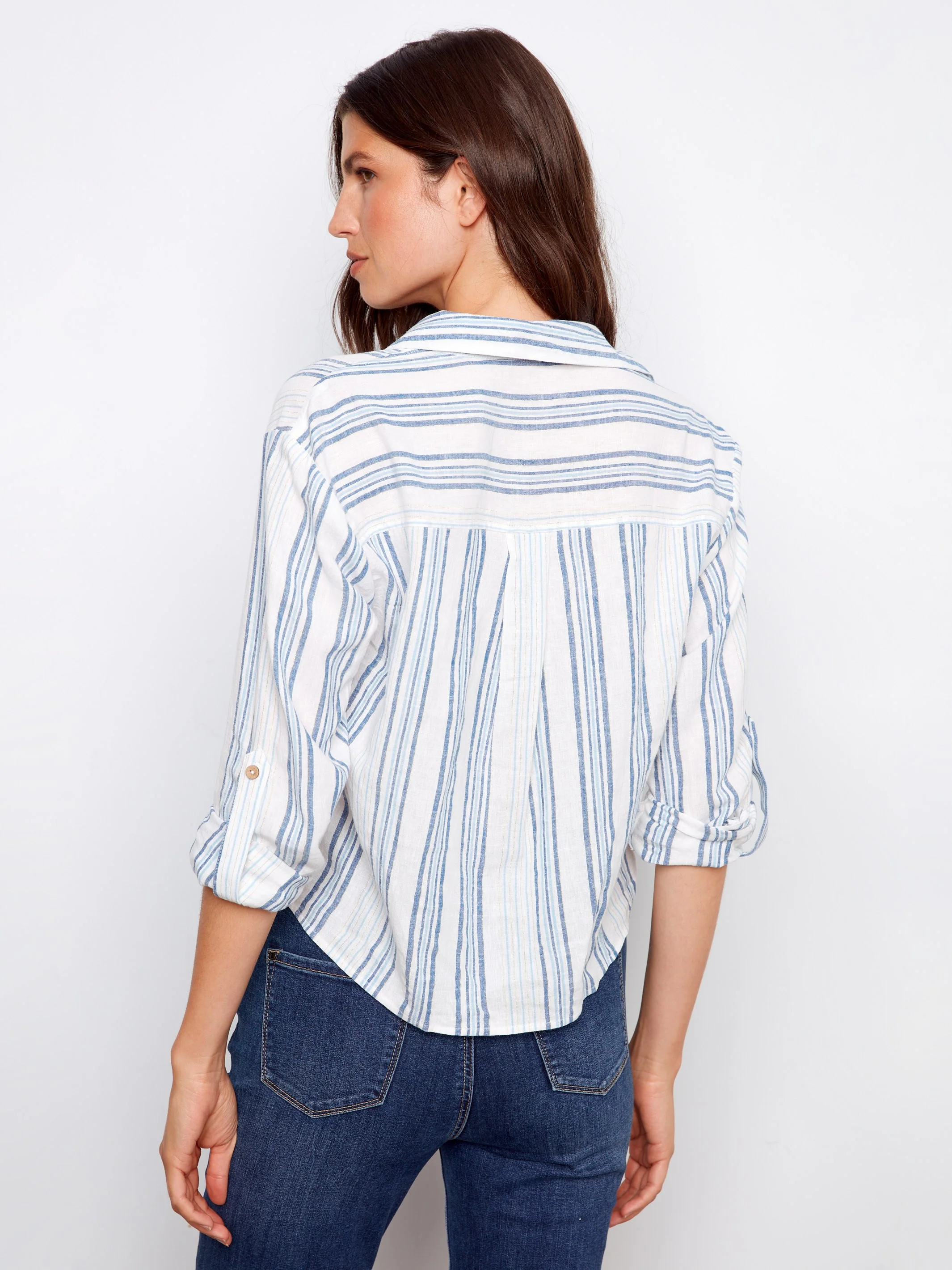 Striped Linen Blend Shirt With Front Twist - Denim - Image 4