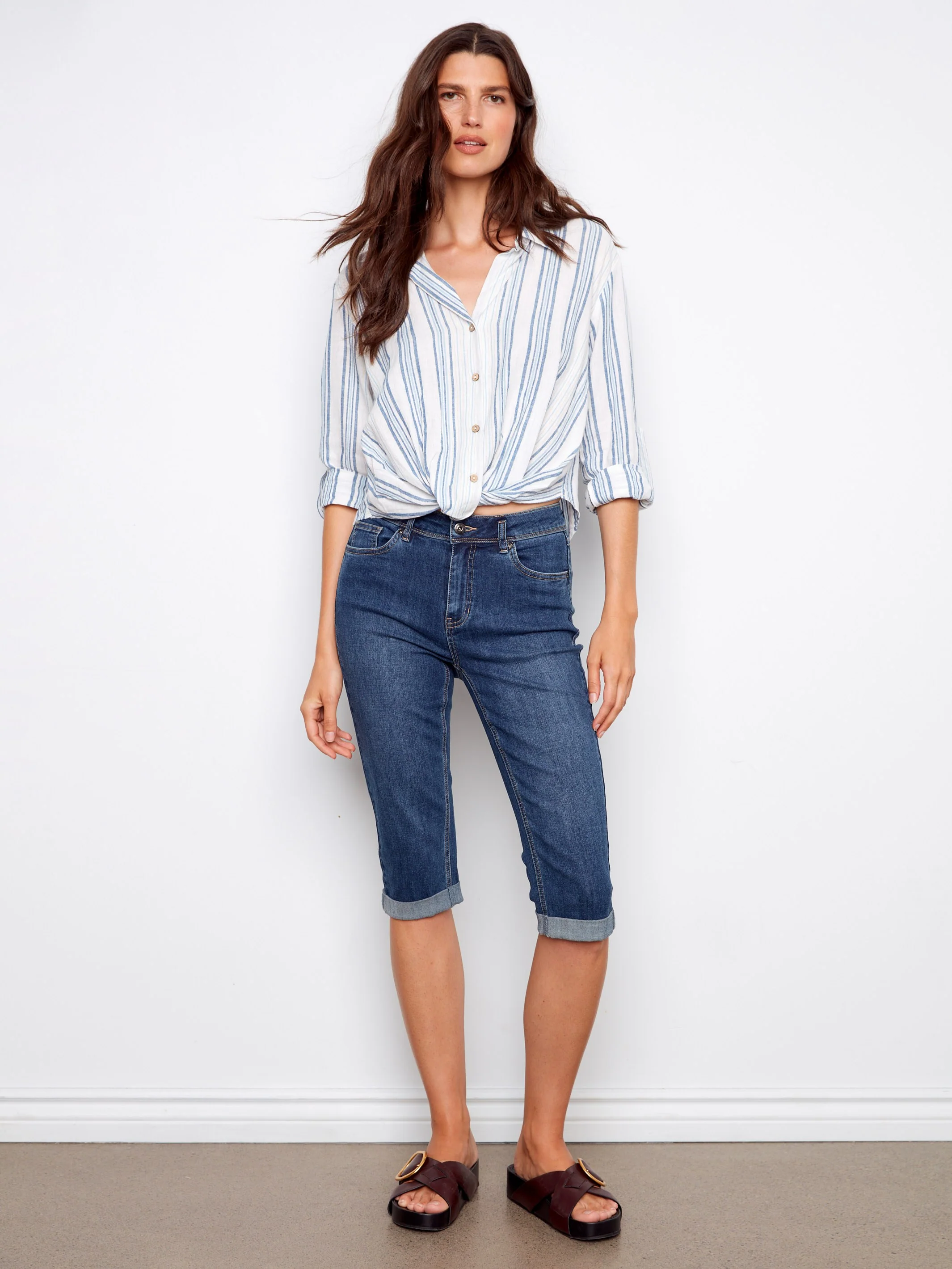 Striped Linen Blend Shirt With Front Twist - Denim - Image 6