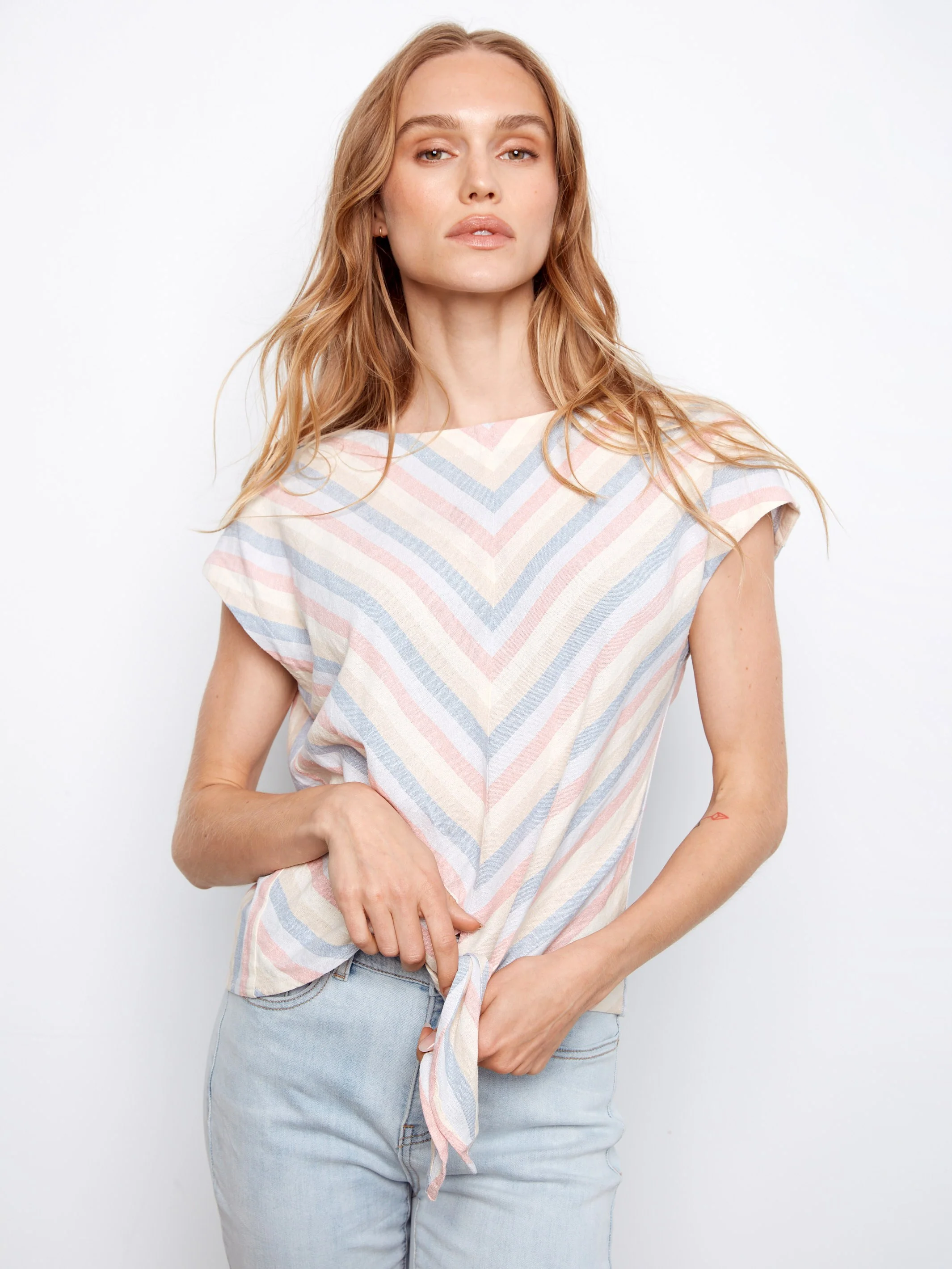 Striped Linen Blend Tie-Front Blouse - Boardwalk - Image 3