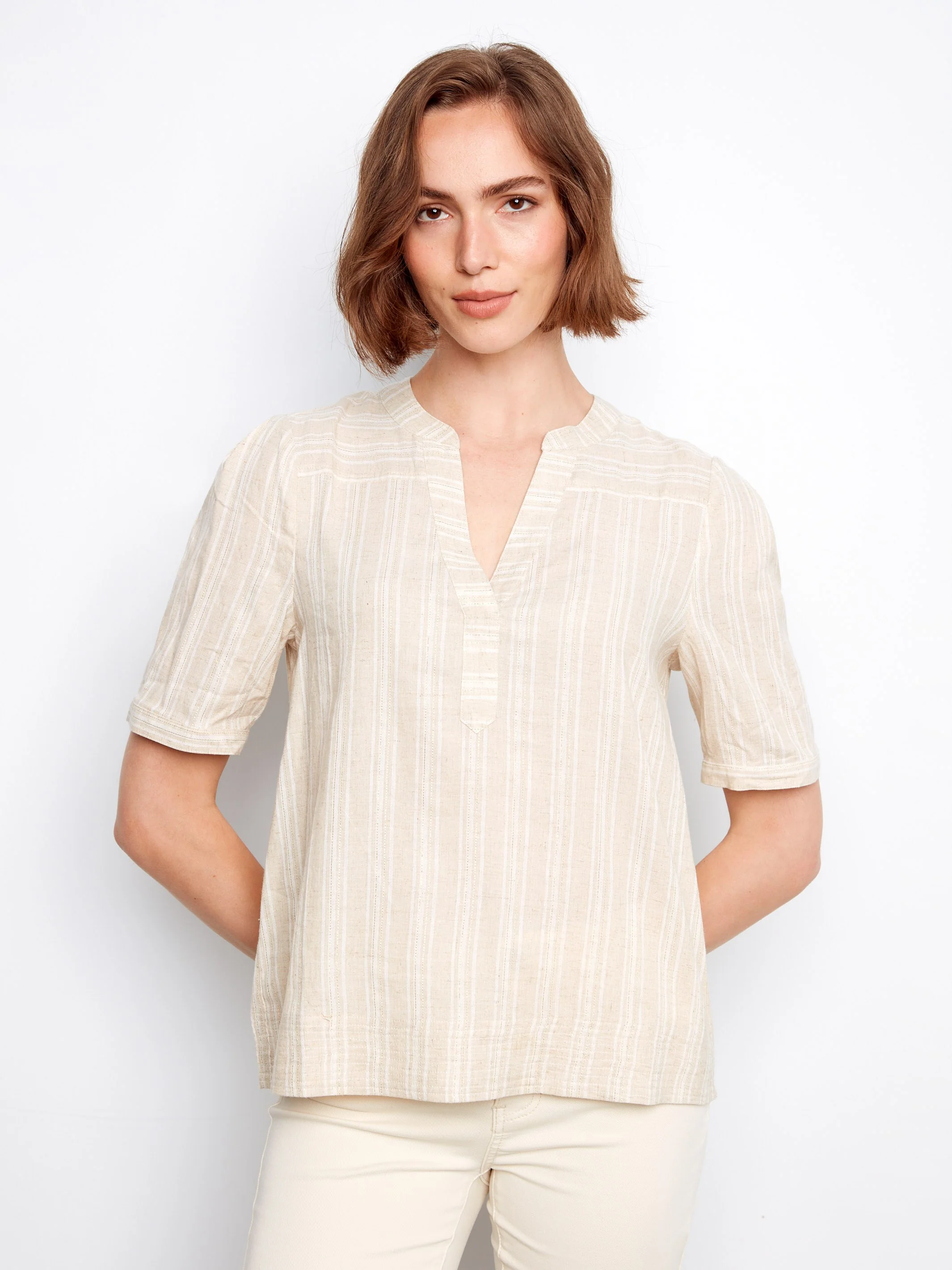 Striped Short Sleeve Blouse - Fog