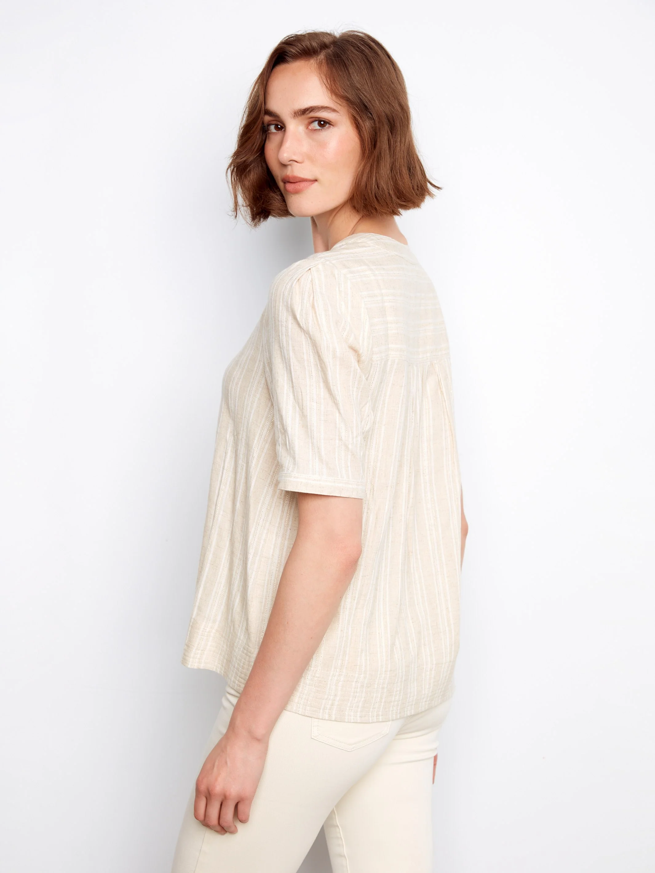 Striped Short Sleeve Blouse - Fog - Image 3