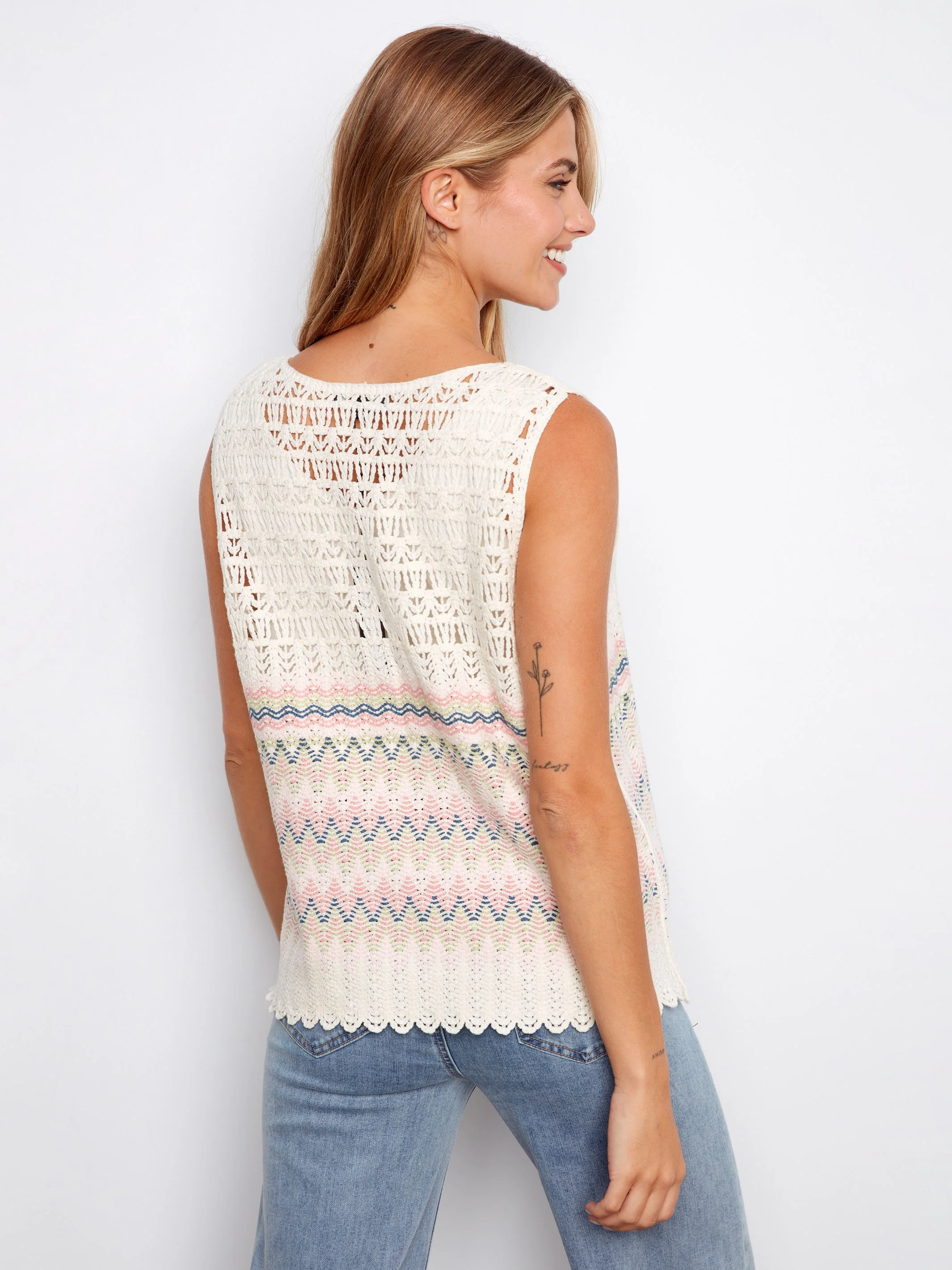 Striped Sleeveless Crochet Cotton Blend Top - Stripes - Image 4