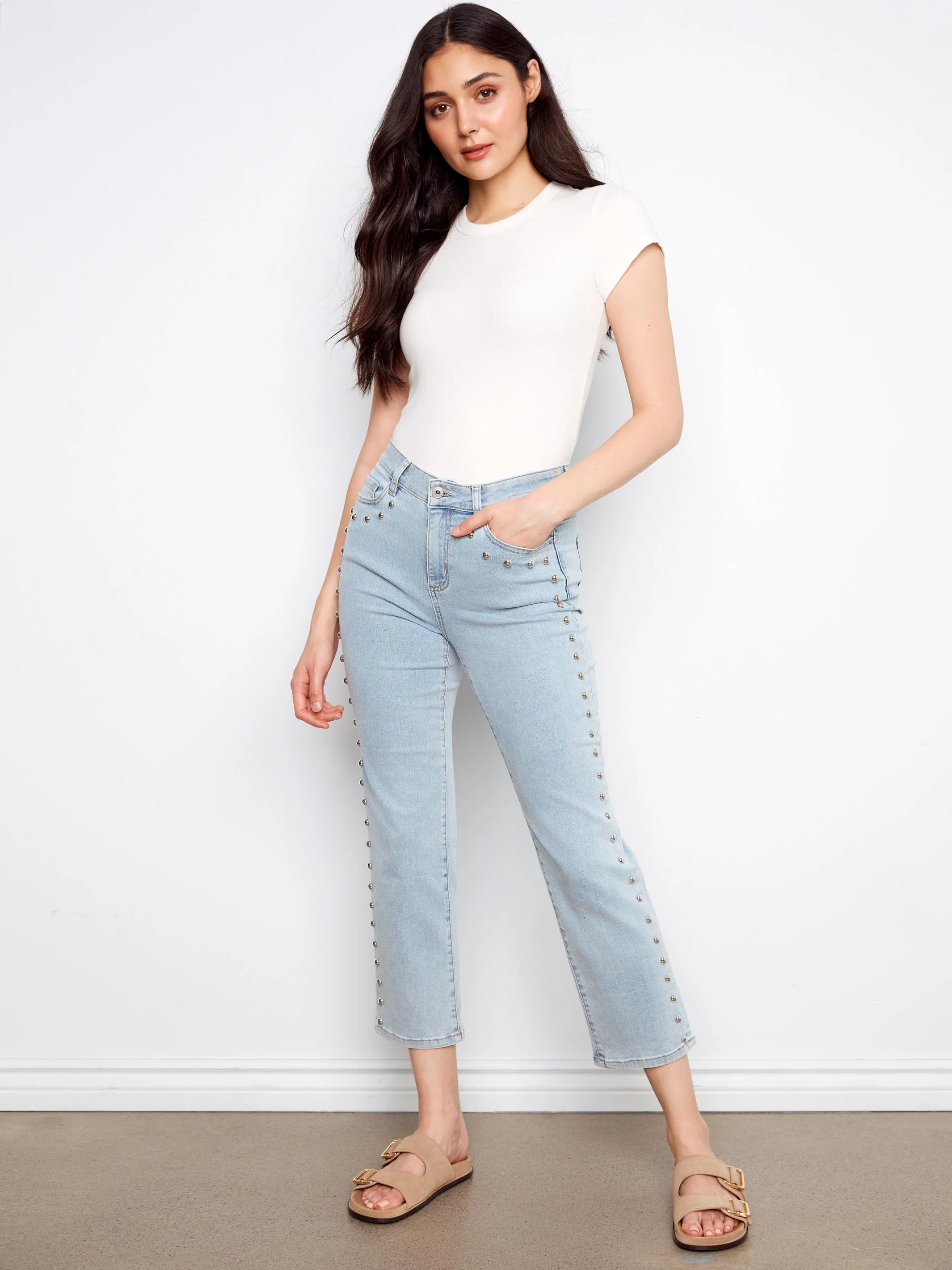 Studded Straight Leg Jeans - Light Blue - Image 3