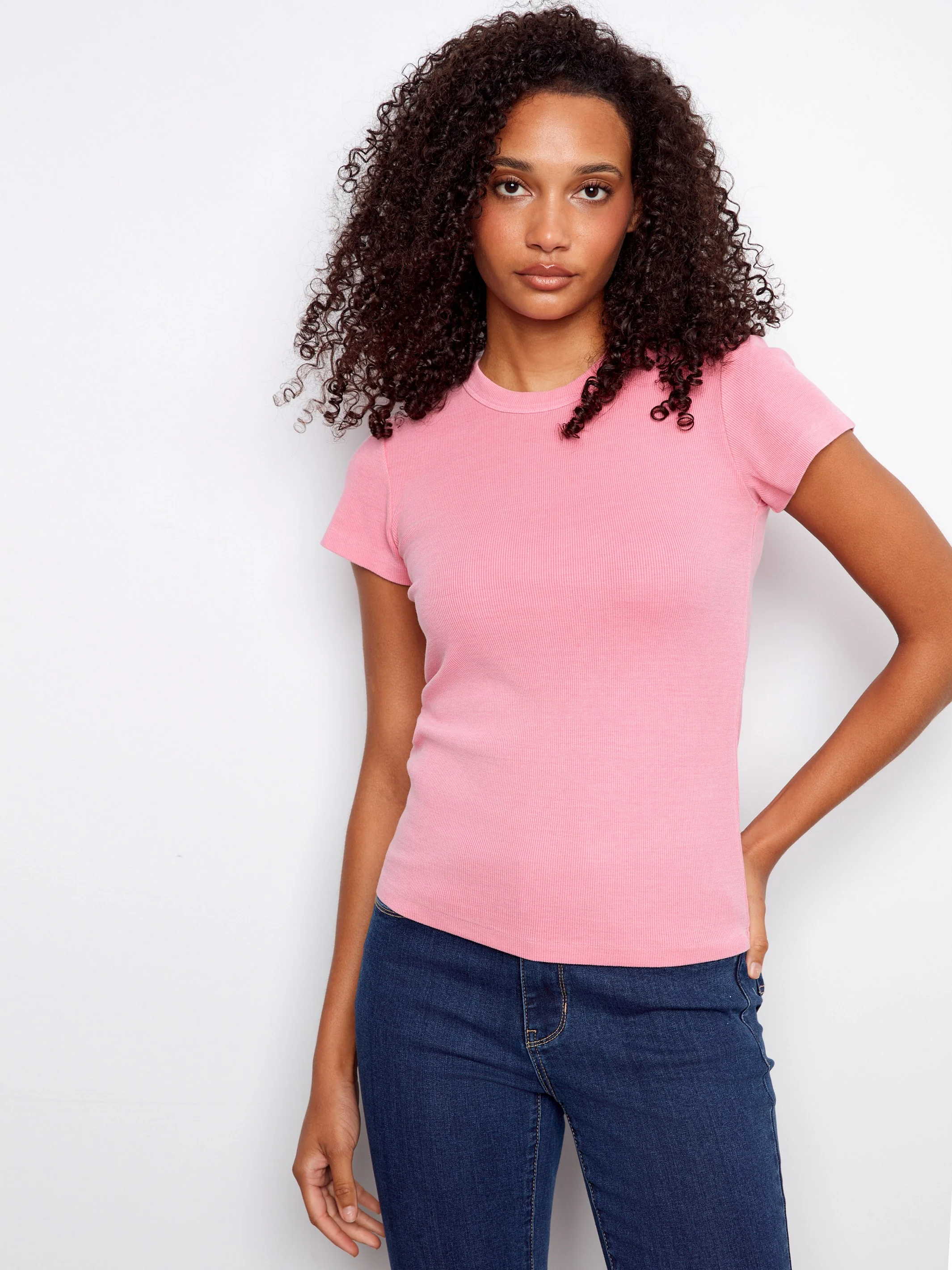 Tencel Ribbed Crew Neck T-Shirt - Candy - Image 3