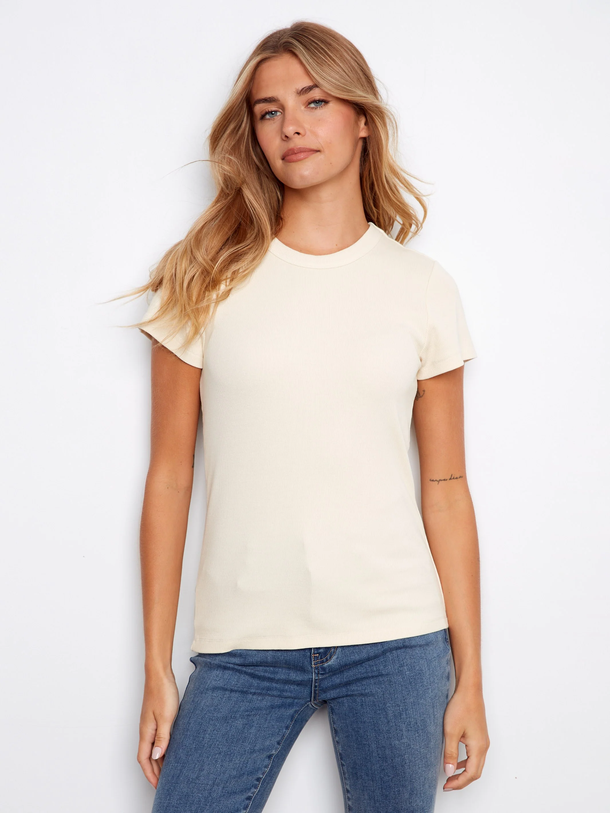Tencel Ribbed Crew Neck T-Shirt - Natural - Image 7