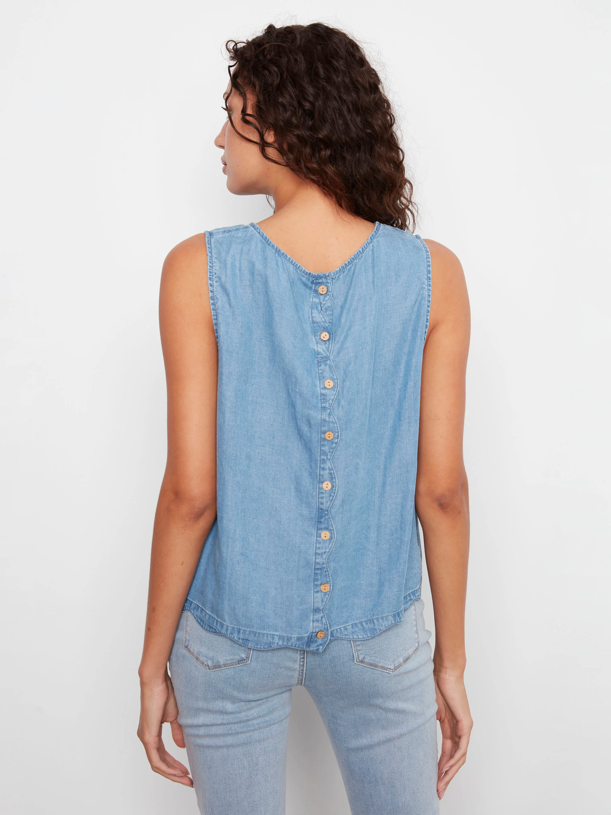 Tencel Sleeveless Scalloped Top - Medium Blue - Image 10