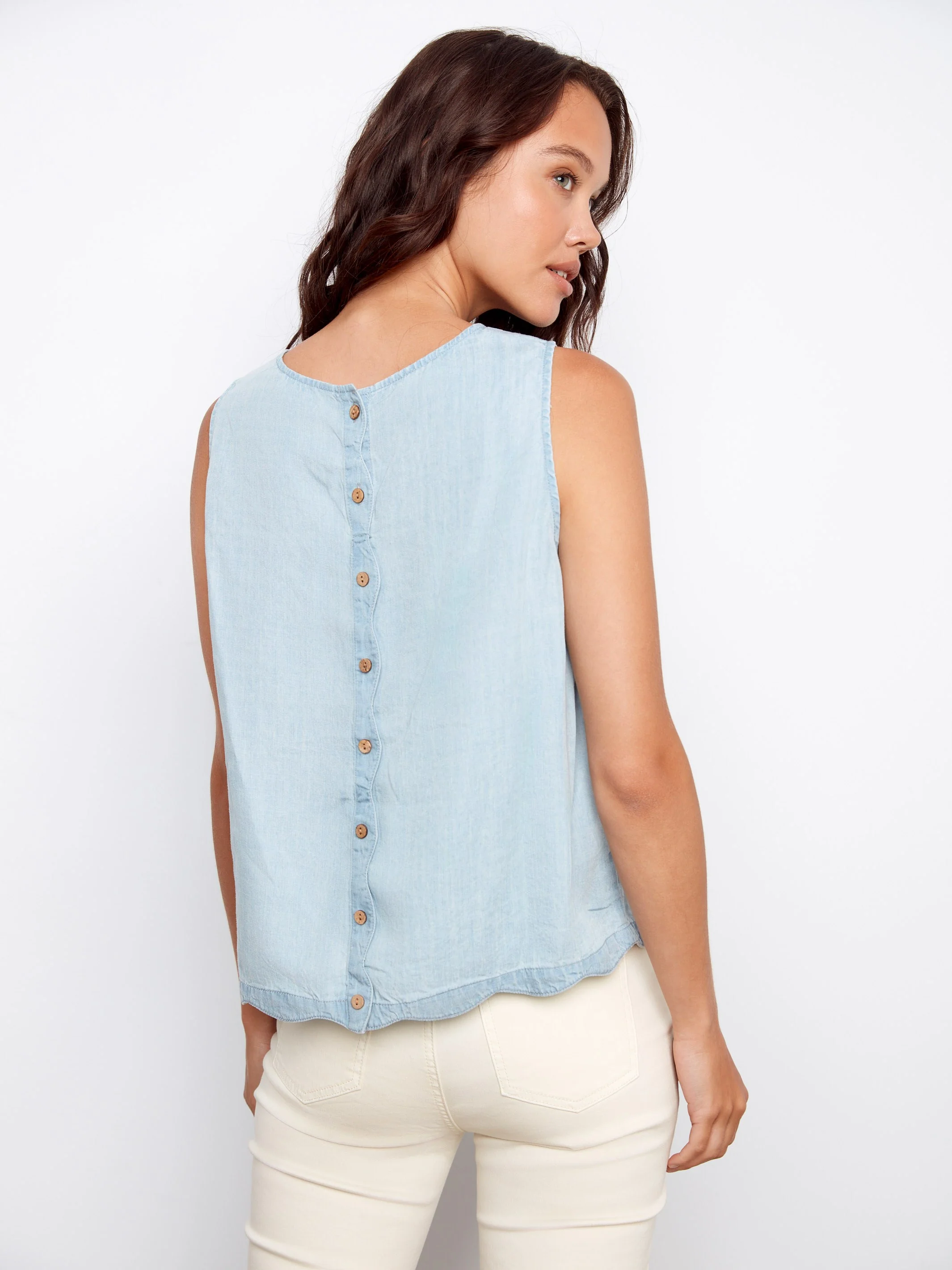Tencel Sleeveless Scalloped Top - Light Blue - Image 2