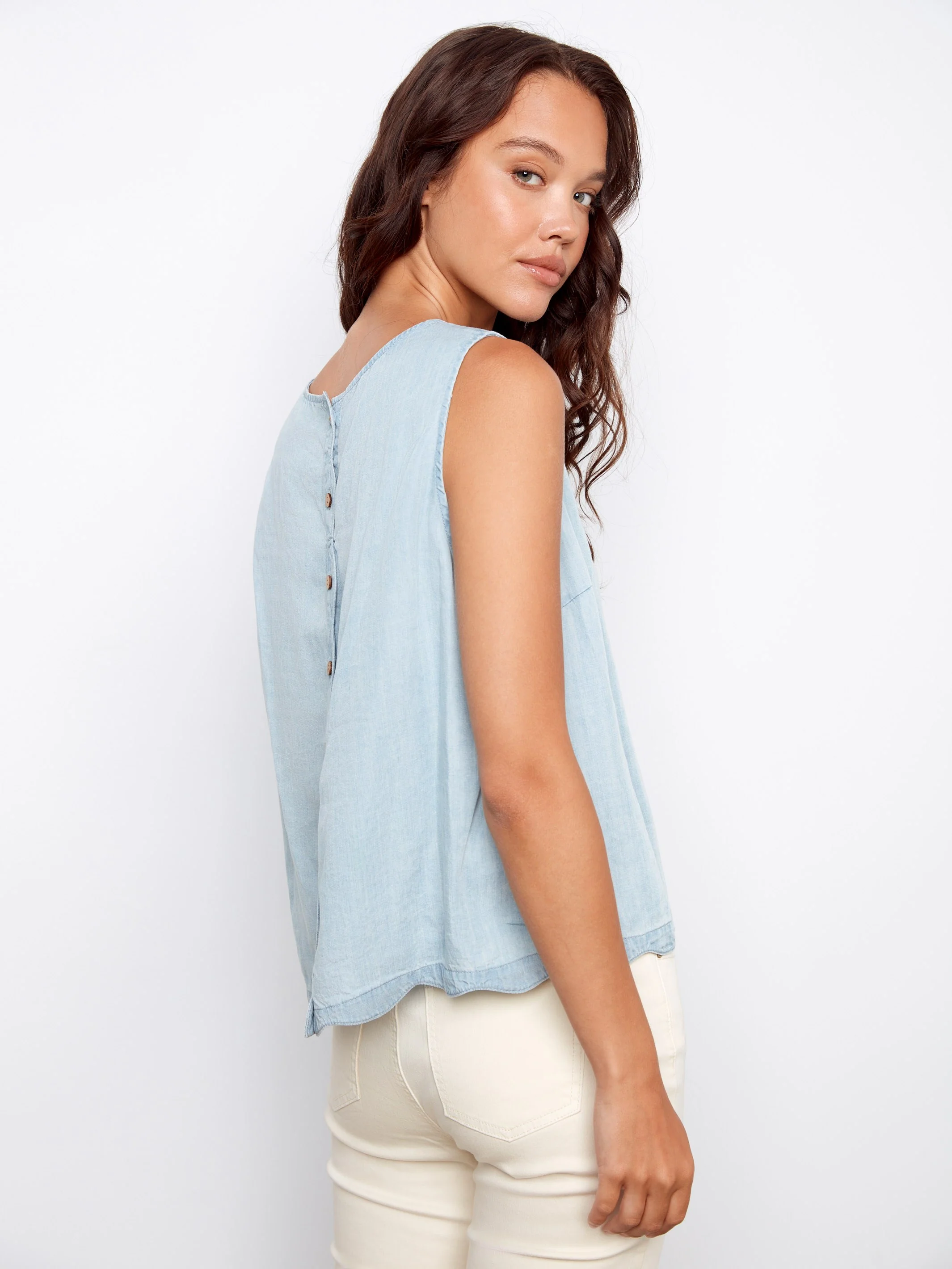 Tencel Sleeveless Scalloped Top - Light Blue - Image 5