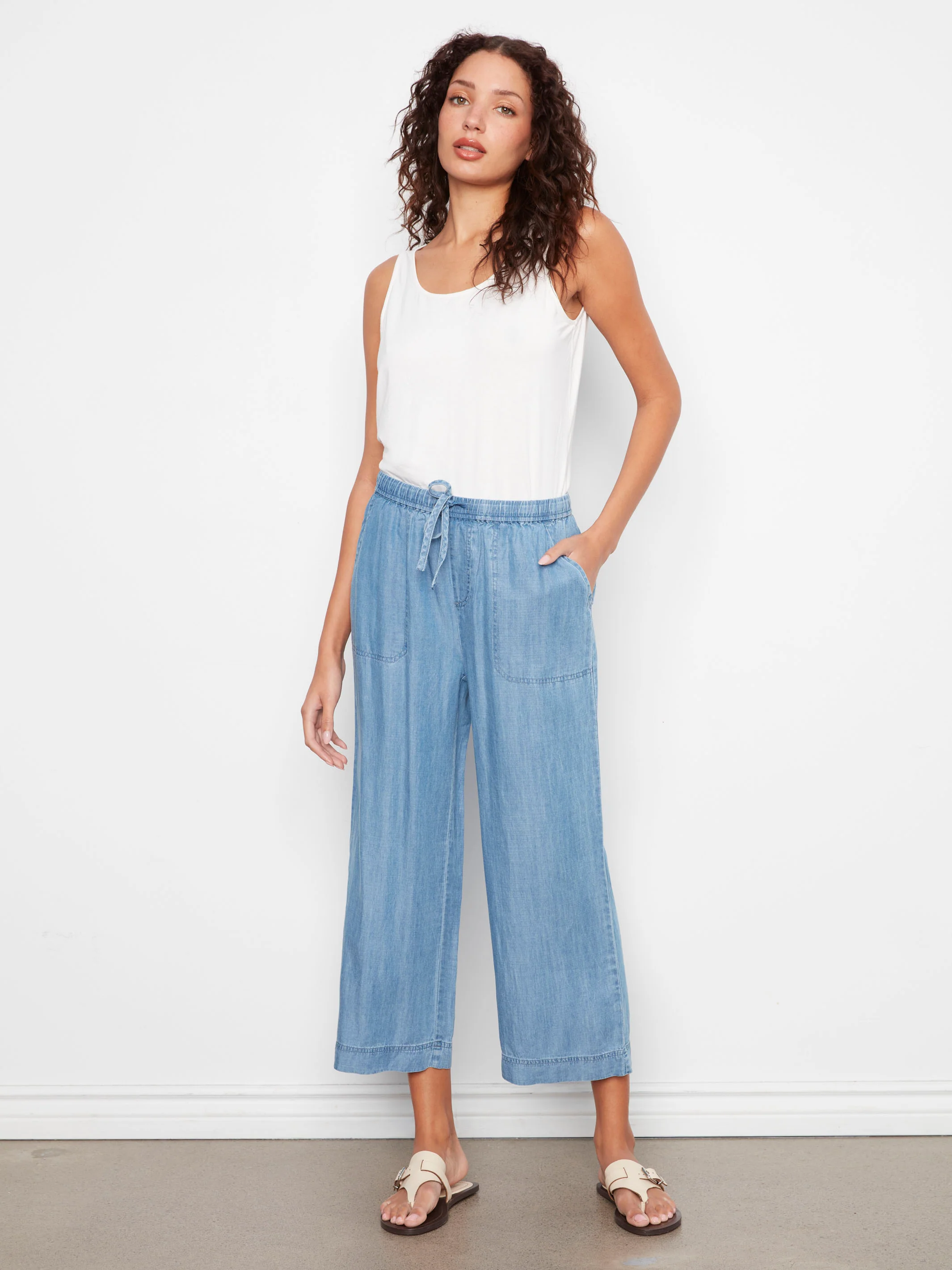 Tencel Wide Leg Jogger Pants - Medium Blue - Image 3