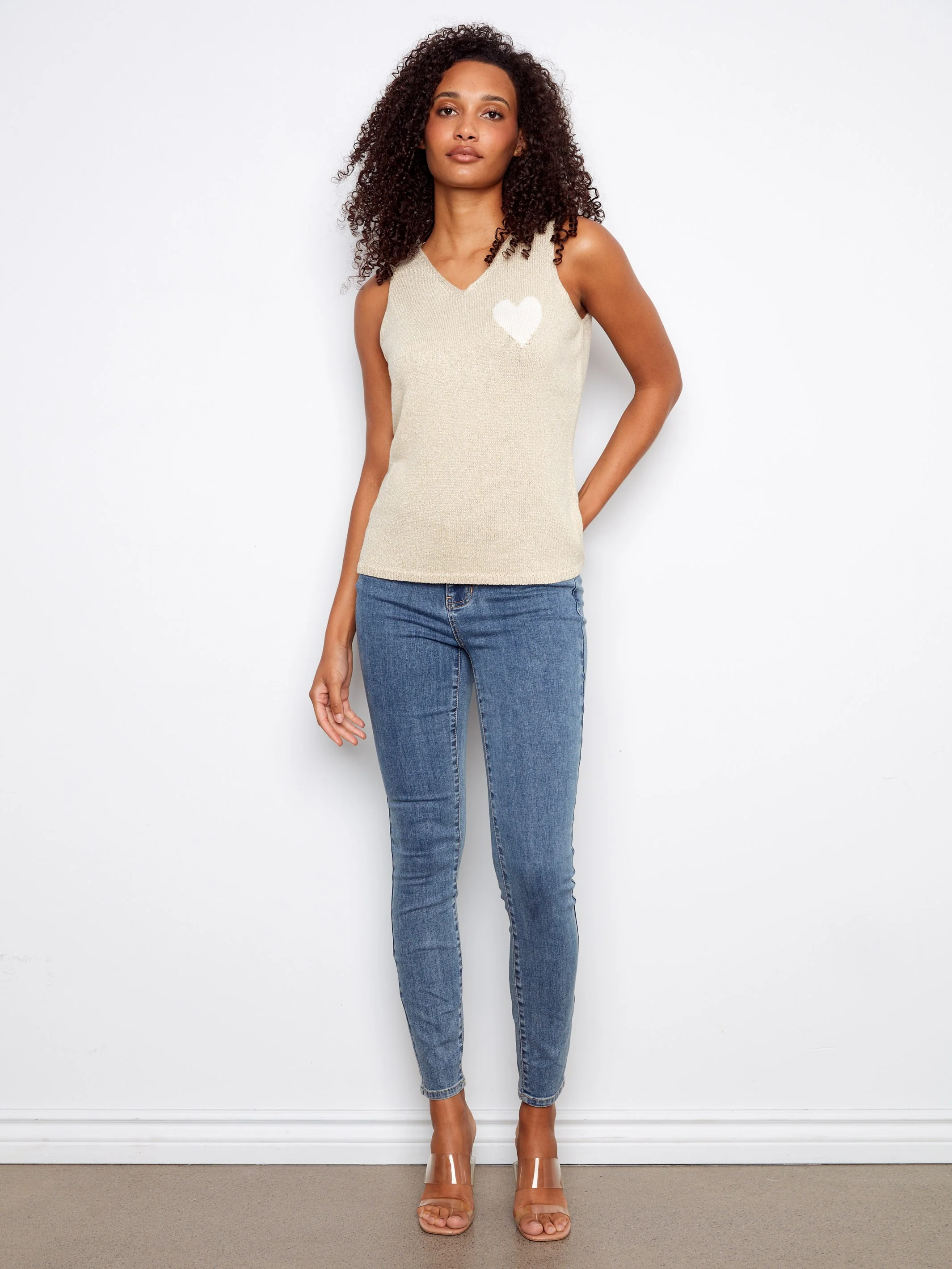 V-Neck Knit Cami With Heart - Gold - Image 2
