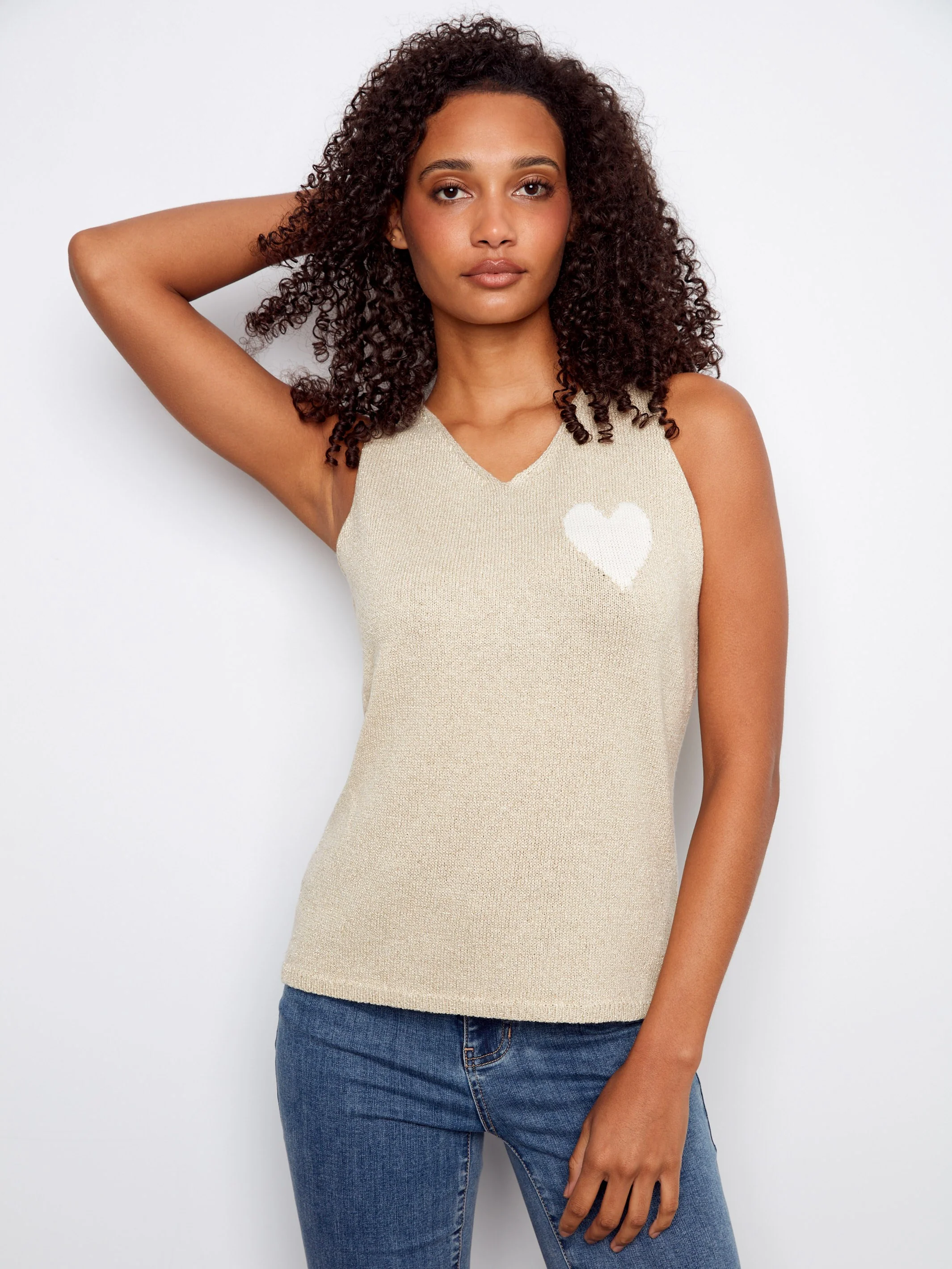 V-Neck Knit Cami With Heart - Gold - Image 3