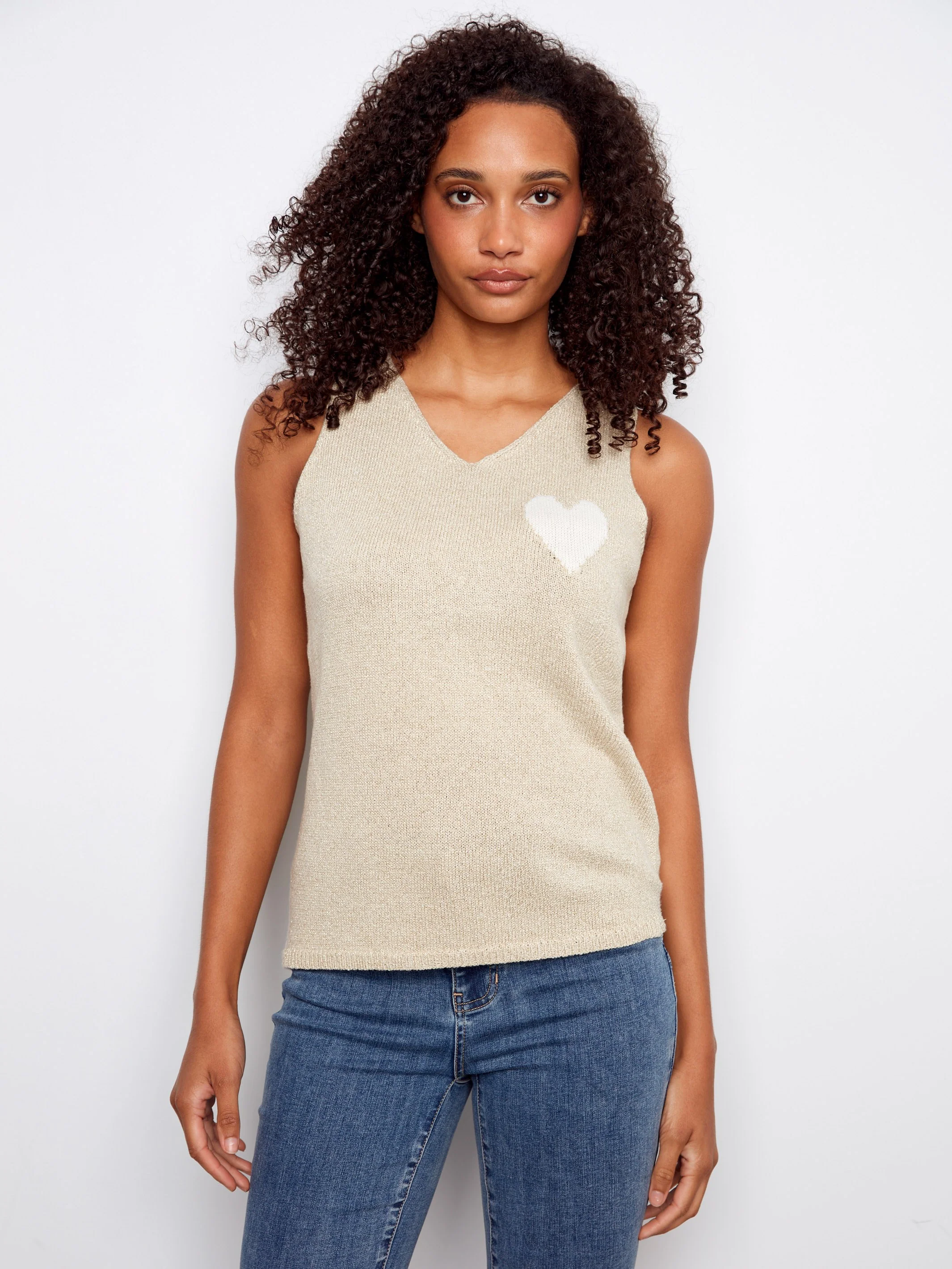V-Neck Knit Cami With Heart - Gold - Image 5