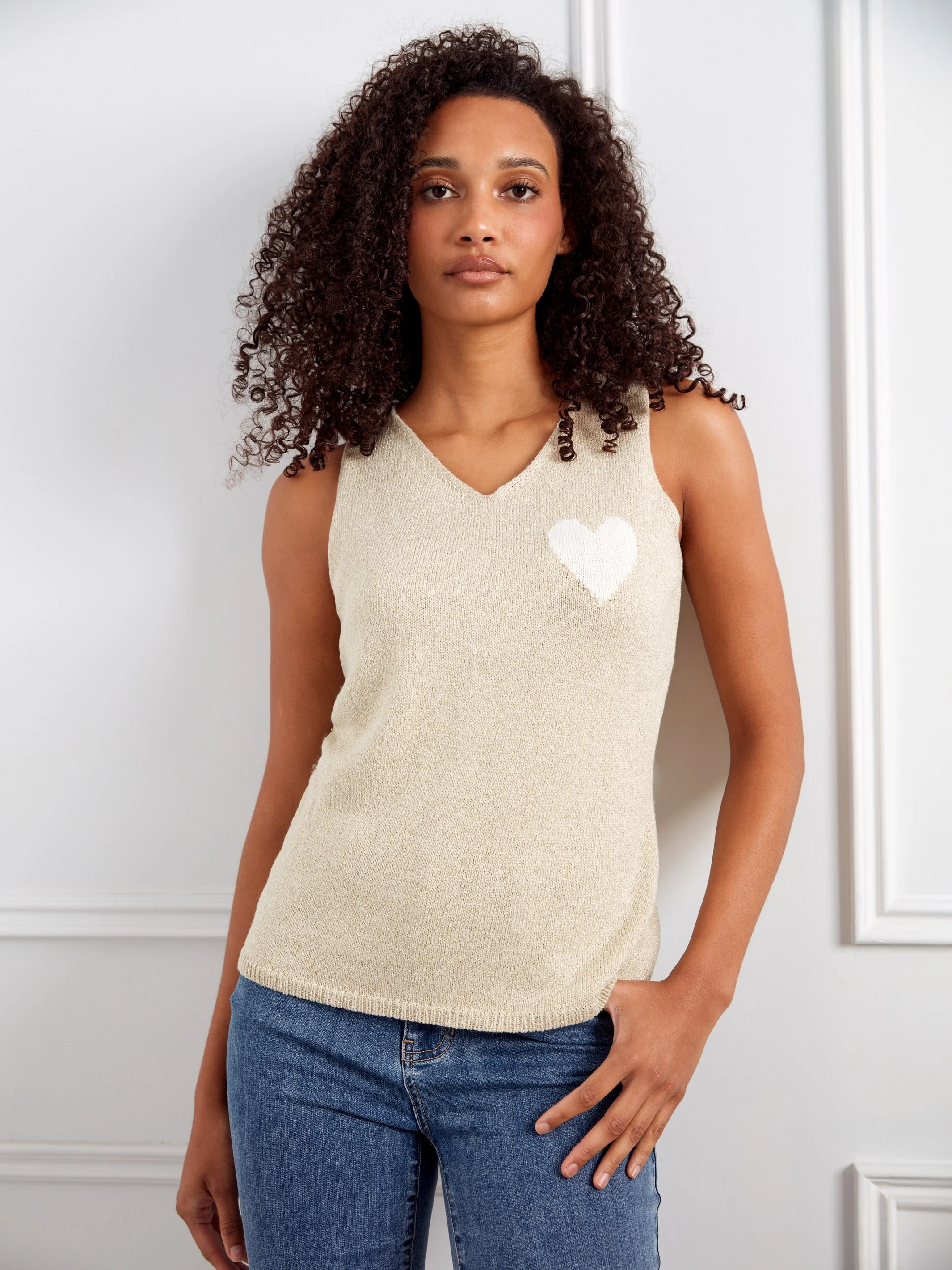 V-Neck Knit Cami With Heart - Gold - Image 6