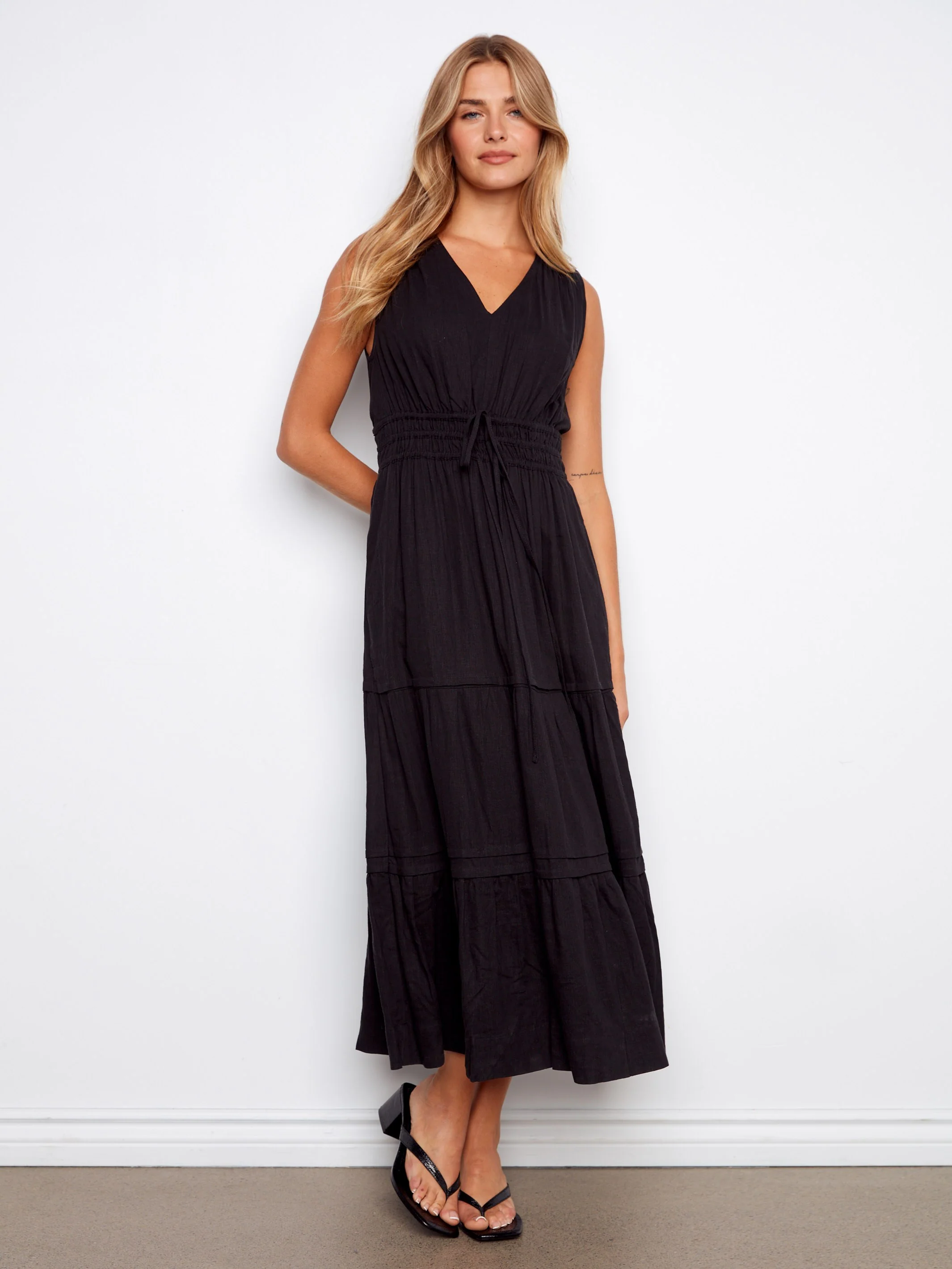 V-Neck Tiered Linen Maxi Dress - Black - Image 4