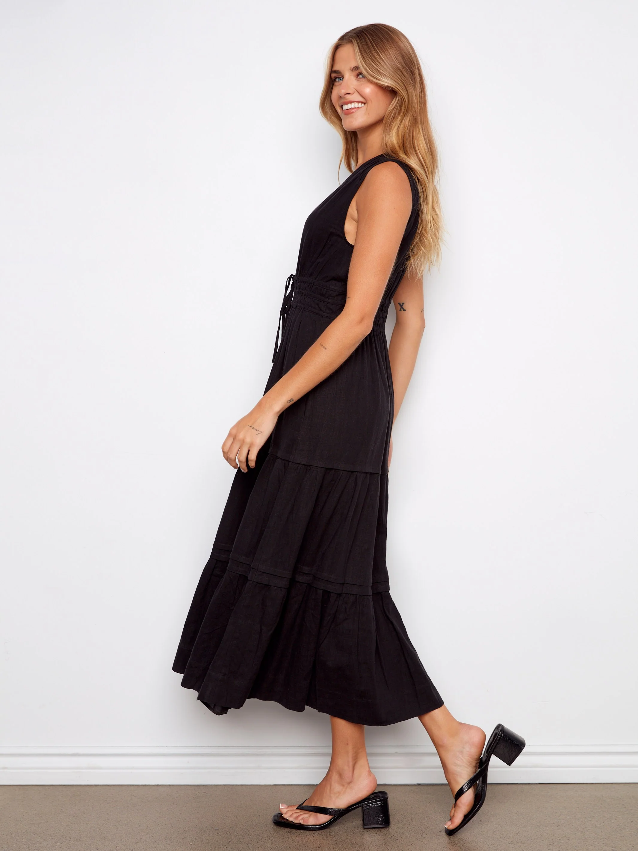 V-Neck Tiered Linen Maxi Dress - Black - Image 5