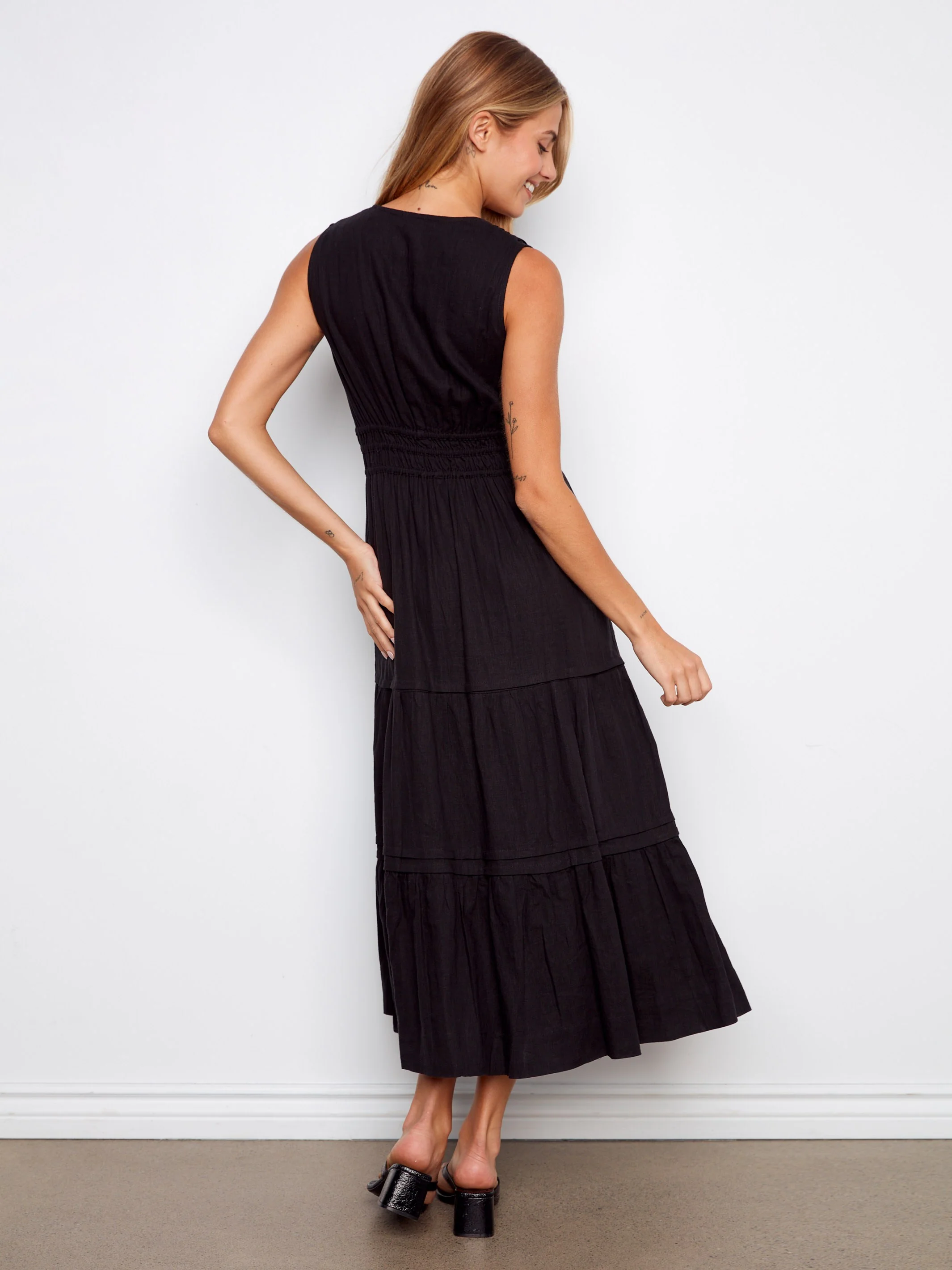 V-Neck Tiered Linen Maxi Dress - Black - Image 6