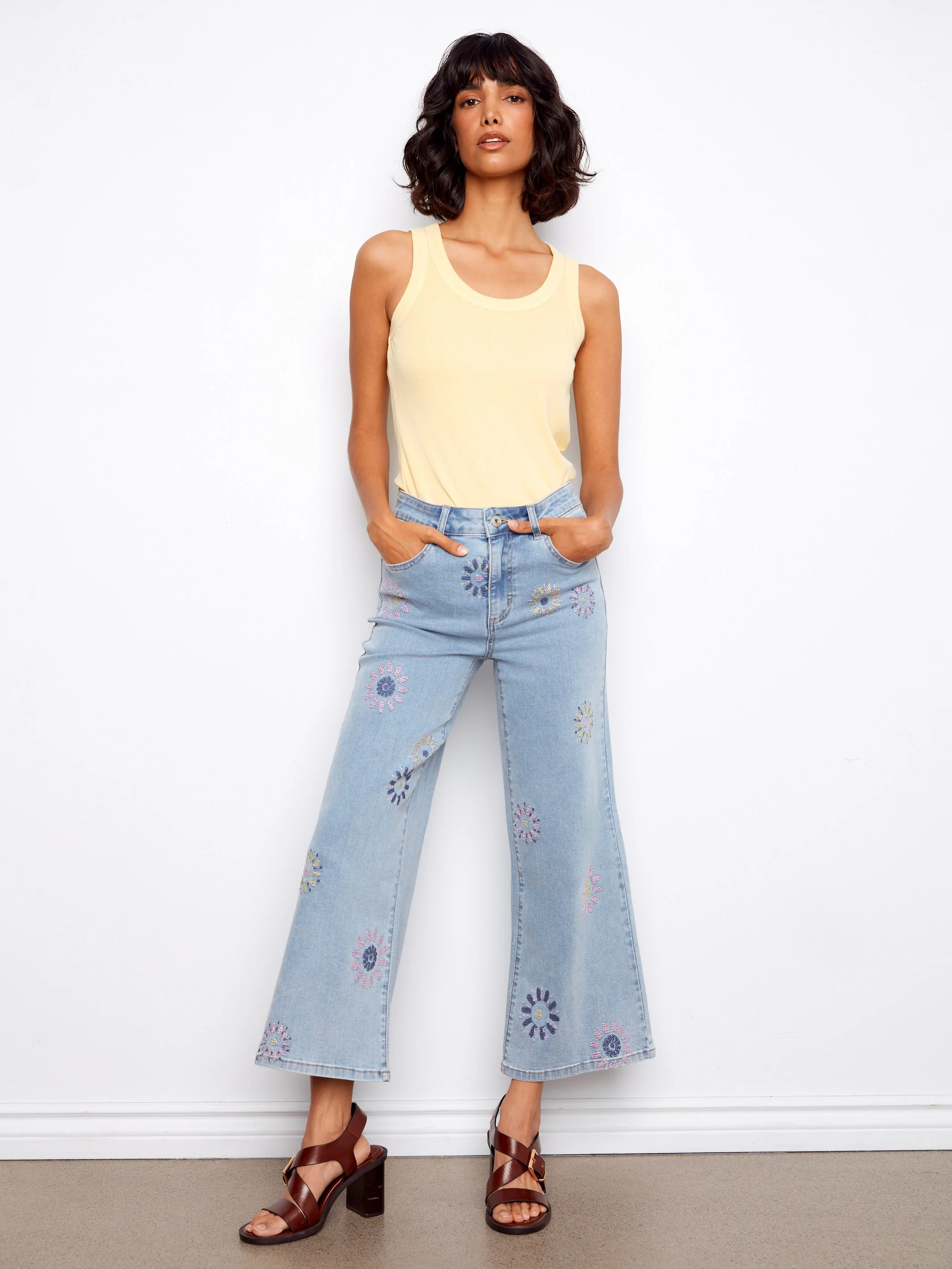 Wide Leg Jeans with Flower Embroidery - Light Blue - Image 3