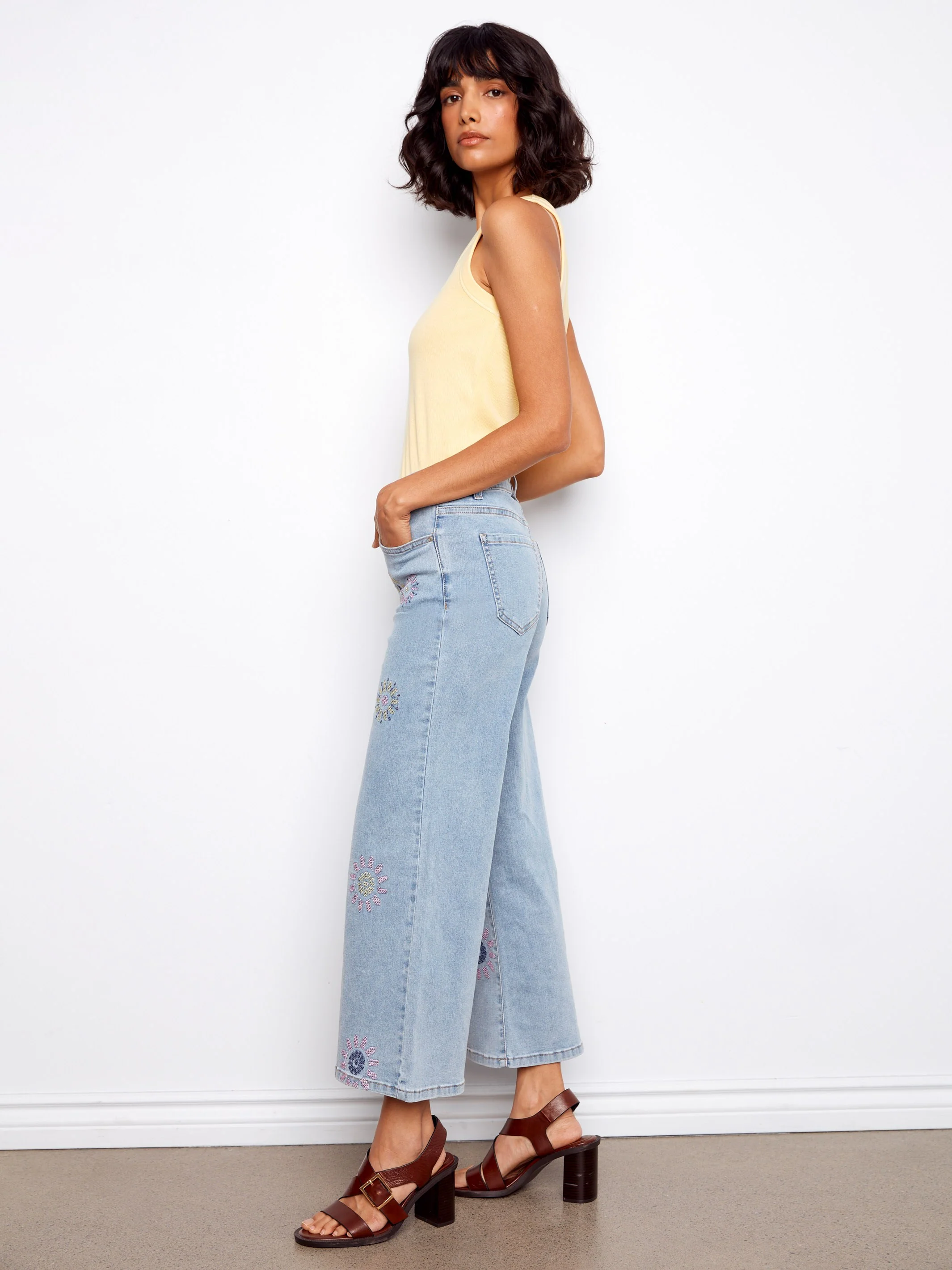 Wide Leg Jeans with Flower Embroidery - Light Blue - Image 5