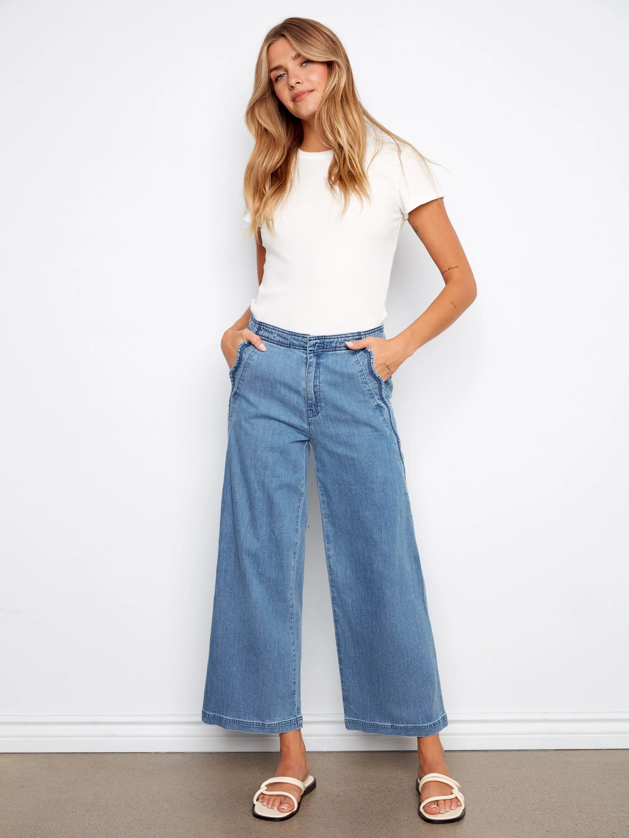 Wide Leg Jeans With Scalloped Edges - Soft Blue - Image 3