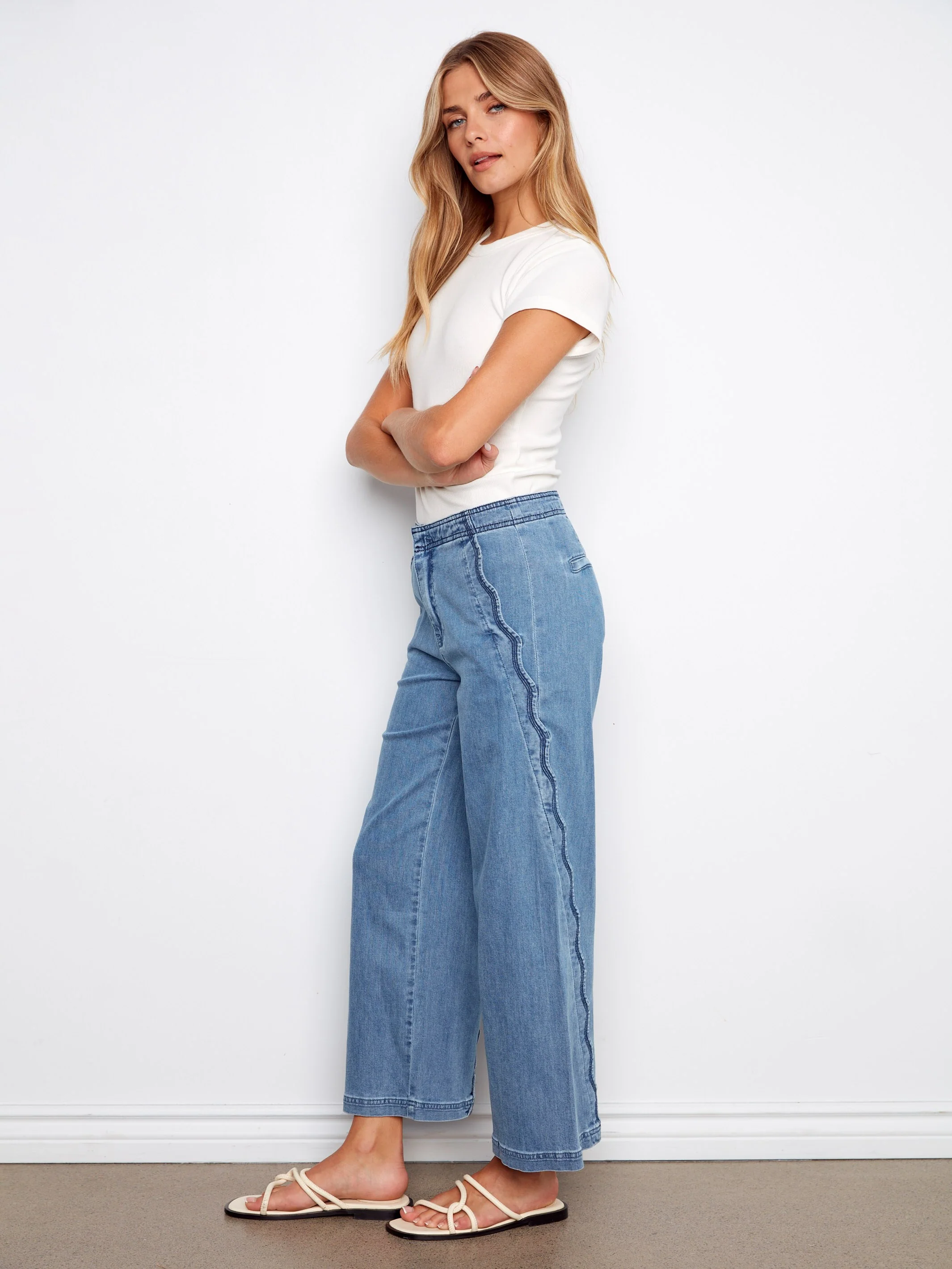 Wide Leg Jeans With Scalloped Edges - Soft Blue - Image 5