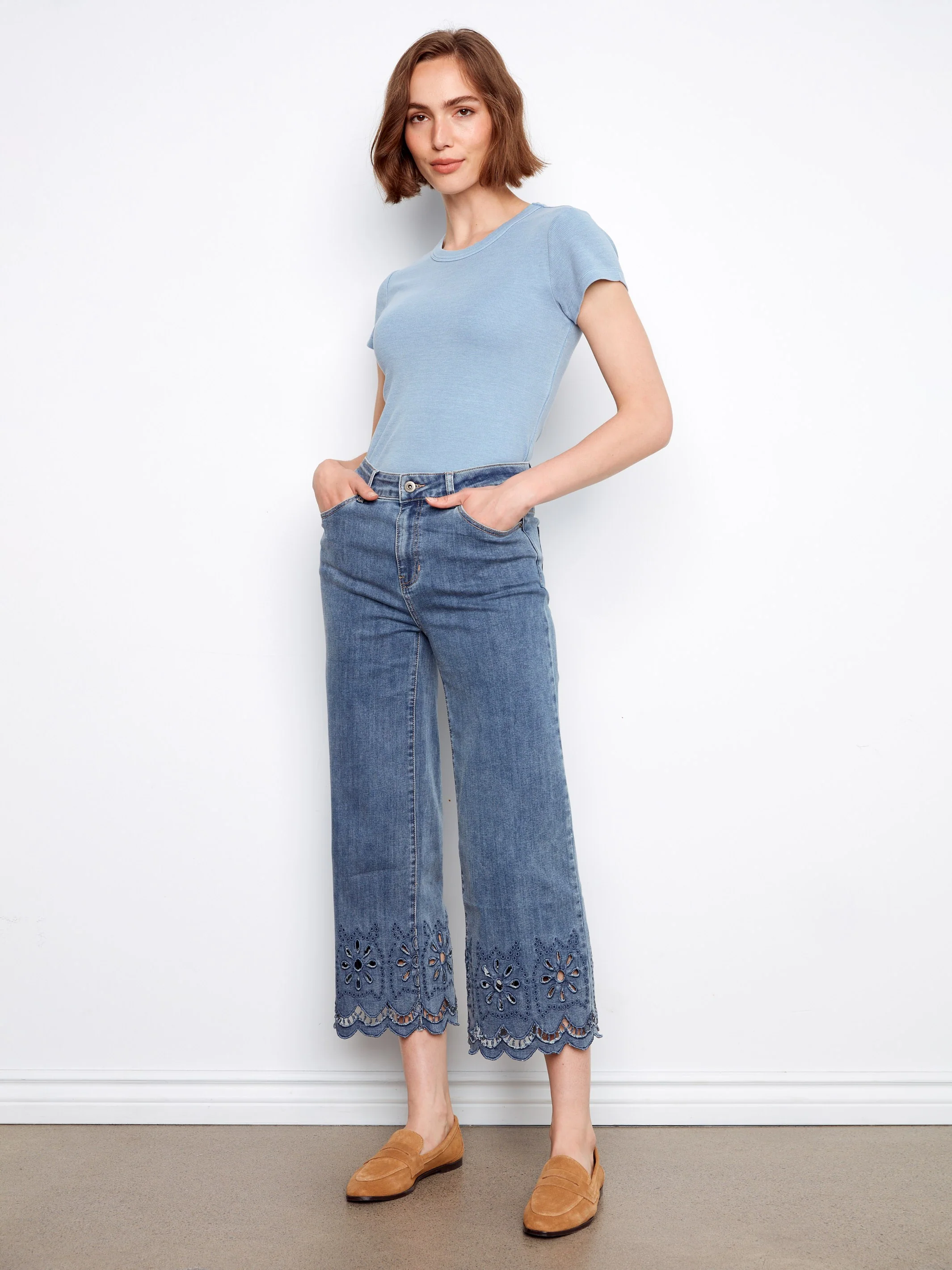 Wide Leg Jeans With Scalloped Eyelet Hem - Medium Blue - Image 3