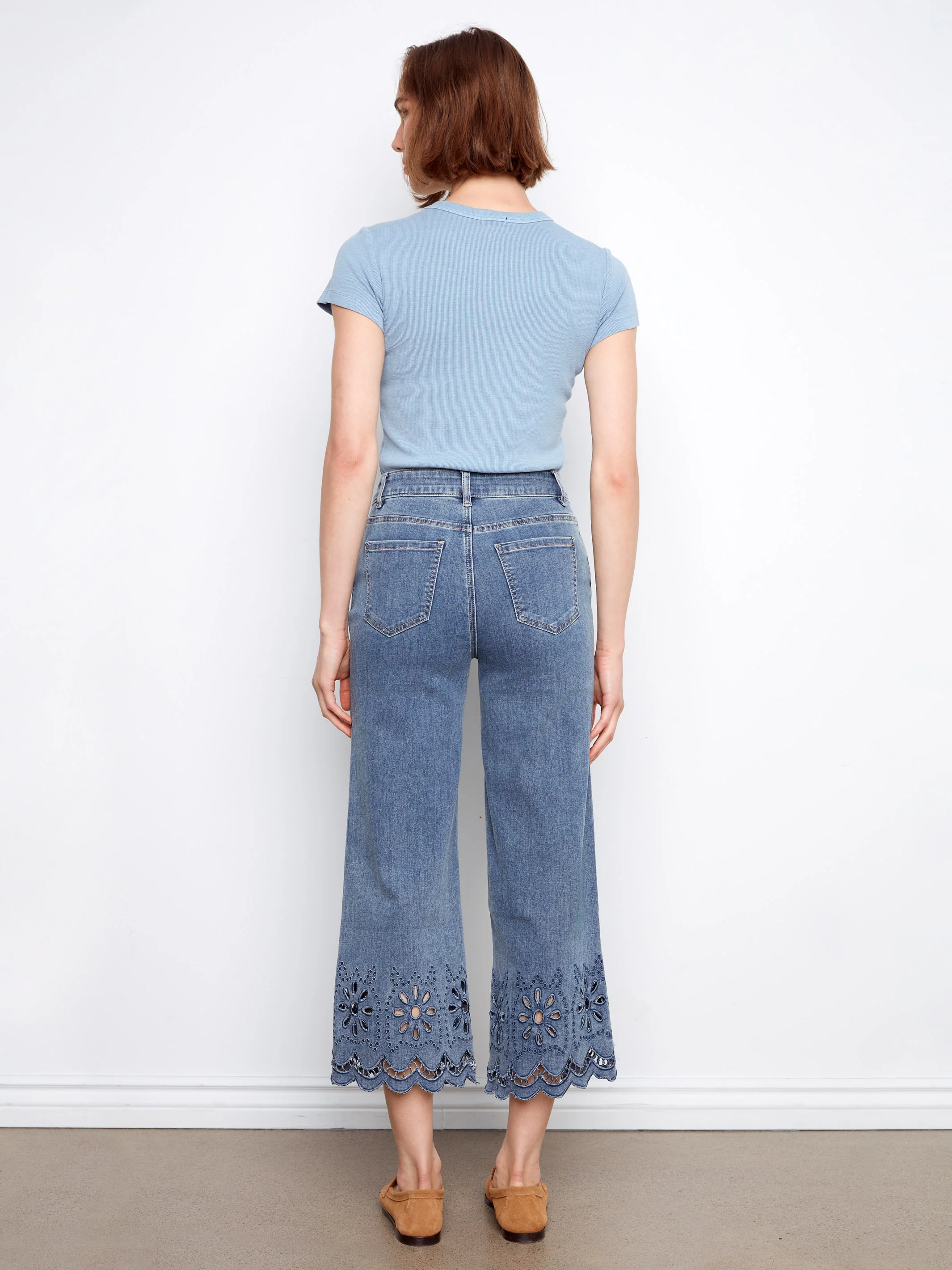 Wide Leg Jeans With Scalloped Eyelet Hem - Medium Blue - Image 4