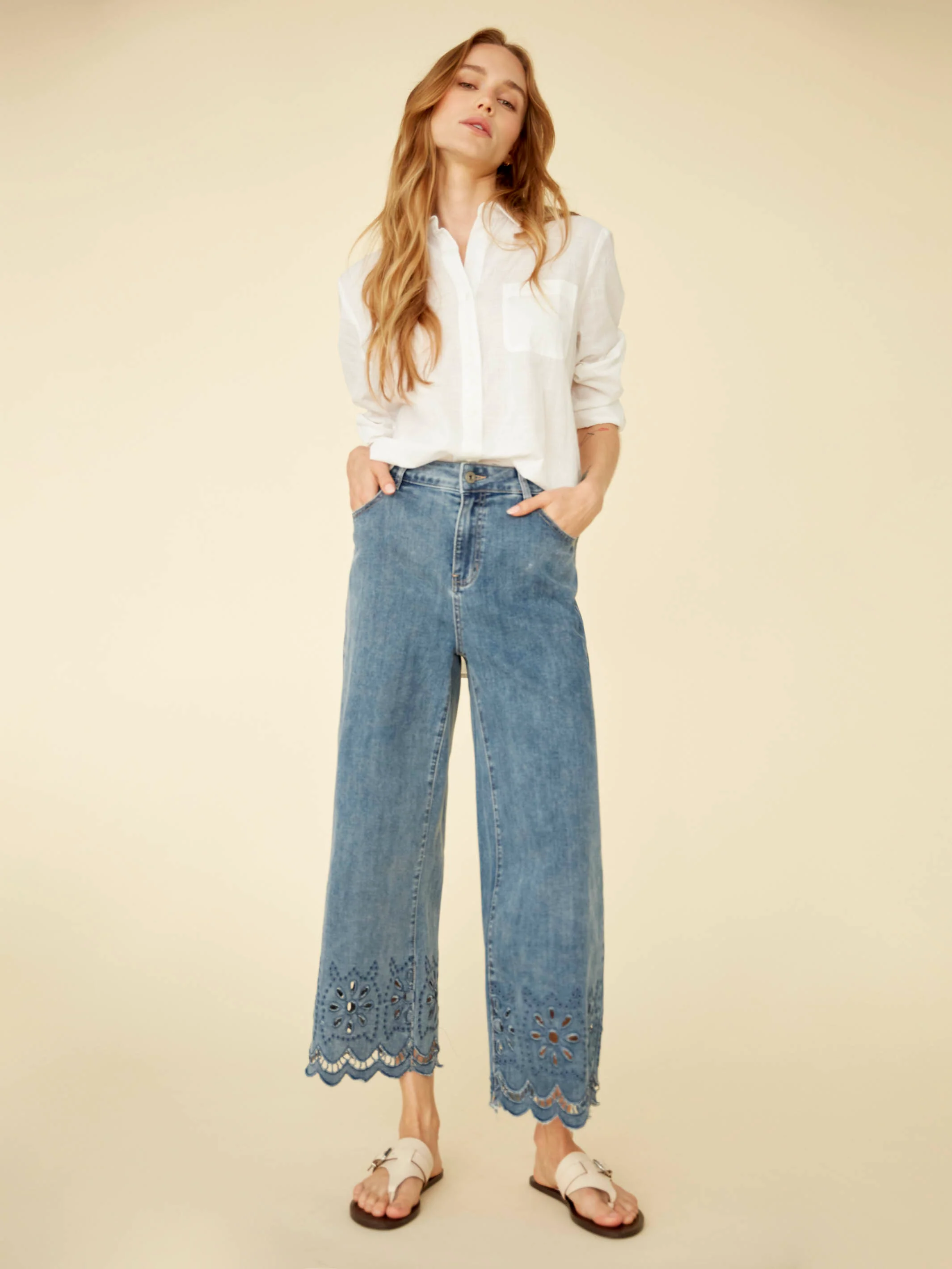 Wide Leg Jeans With Scalloped Eyelet Hem - Medium Blue - Image 5