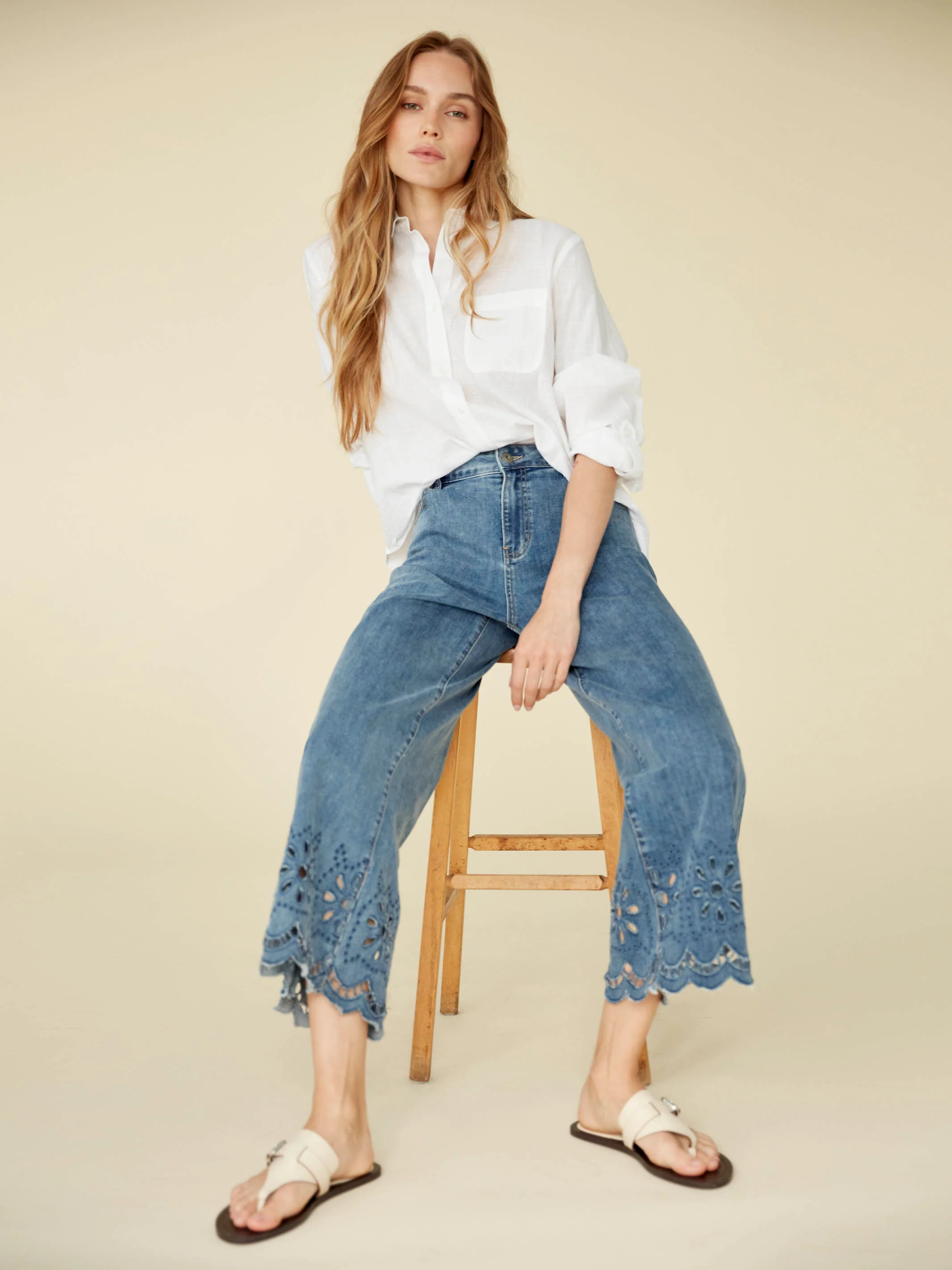 Wide Leg Jeans With Scalloped Eyelet Hem - Medium Blue - Image 6