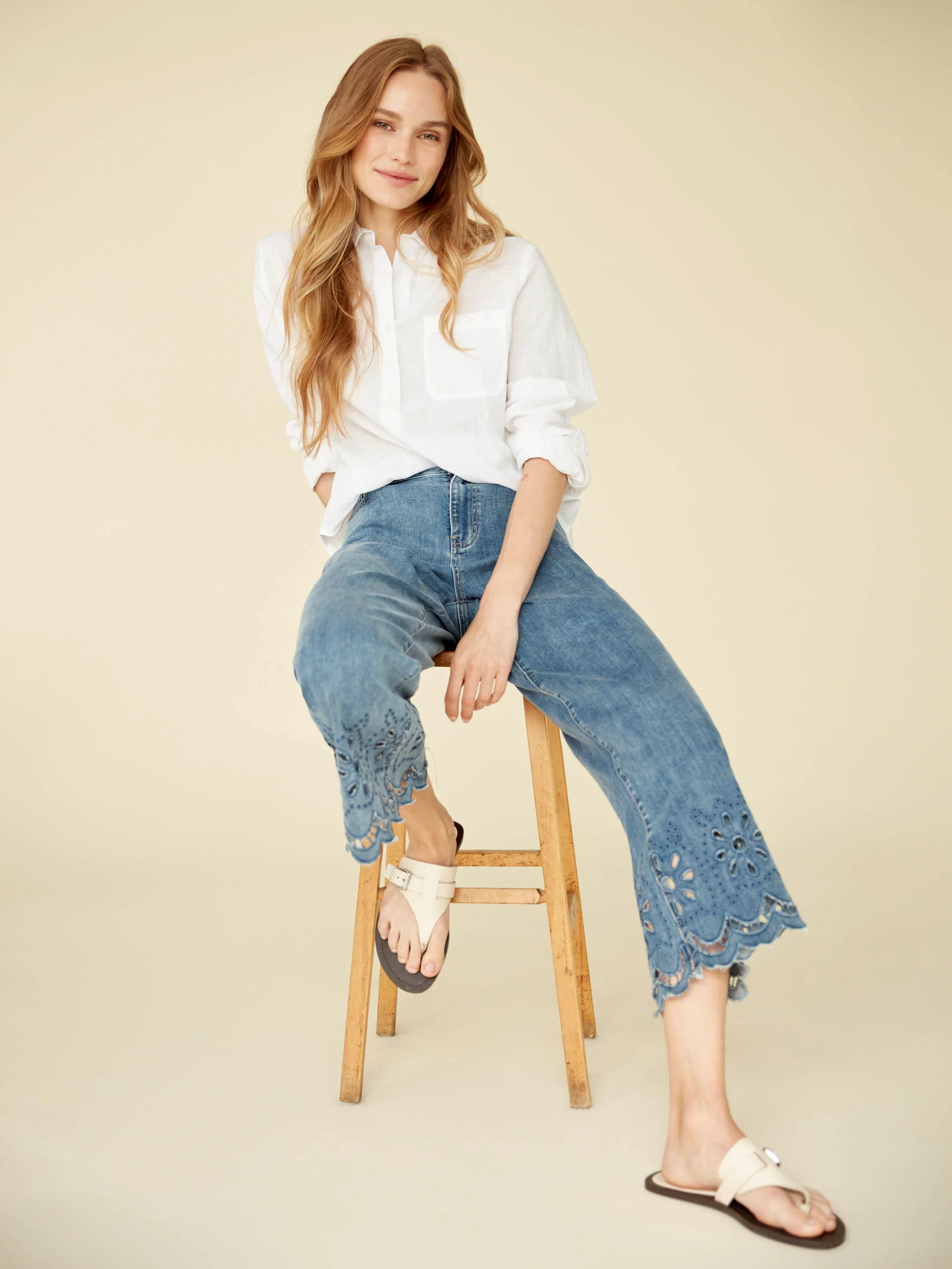 Wide Leg Jeans With Scalloped Eyelet Hem - Medium Blue - Image 8