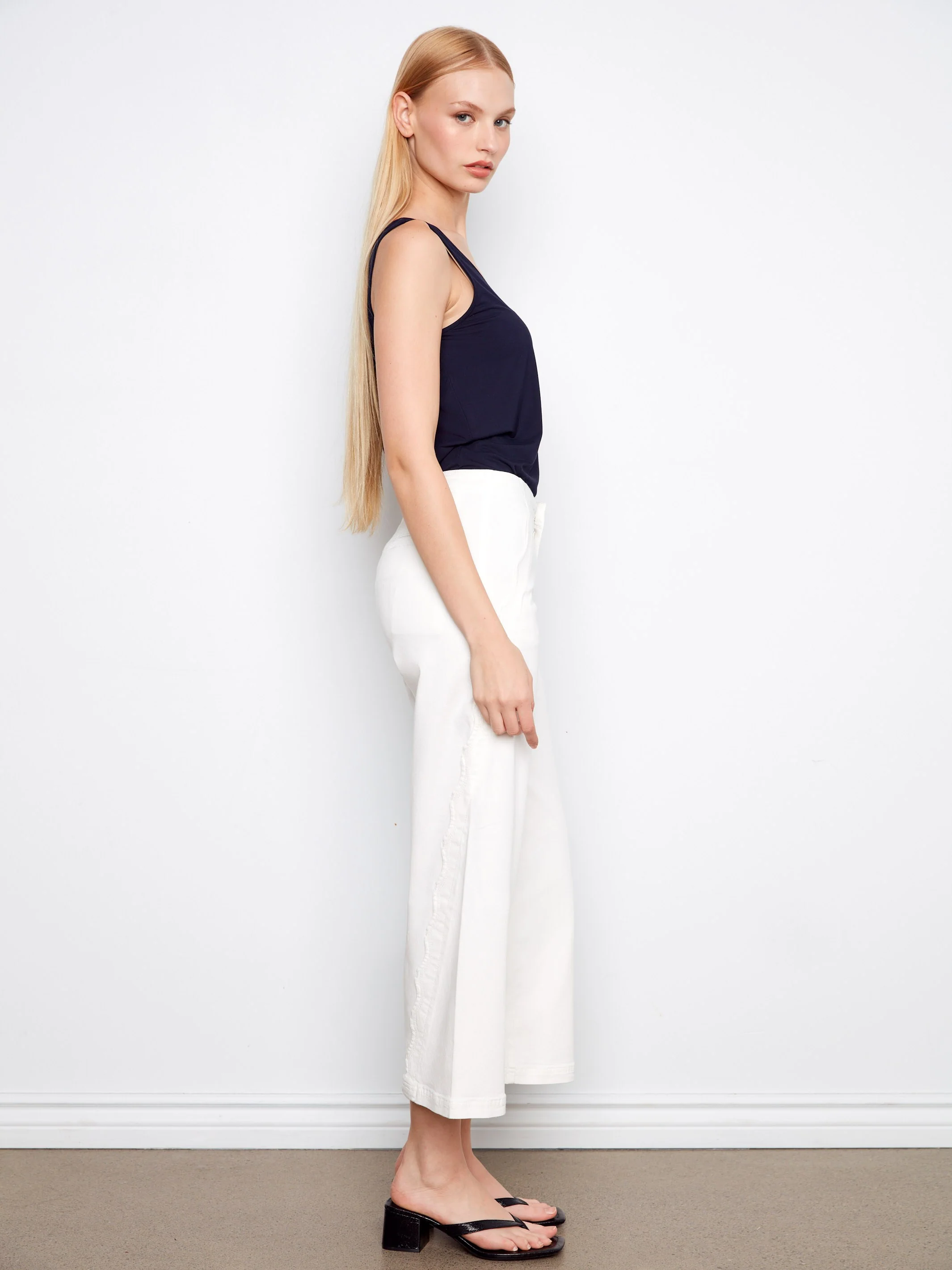 Wide Leg Twill Pants With Scalloped Edges - White - Image 2